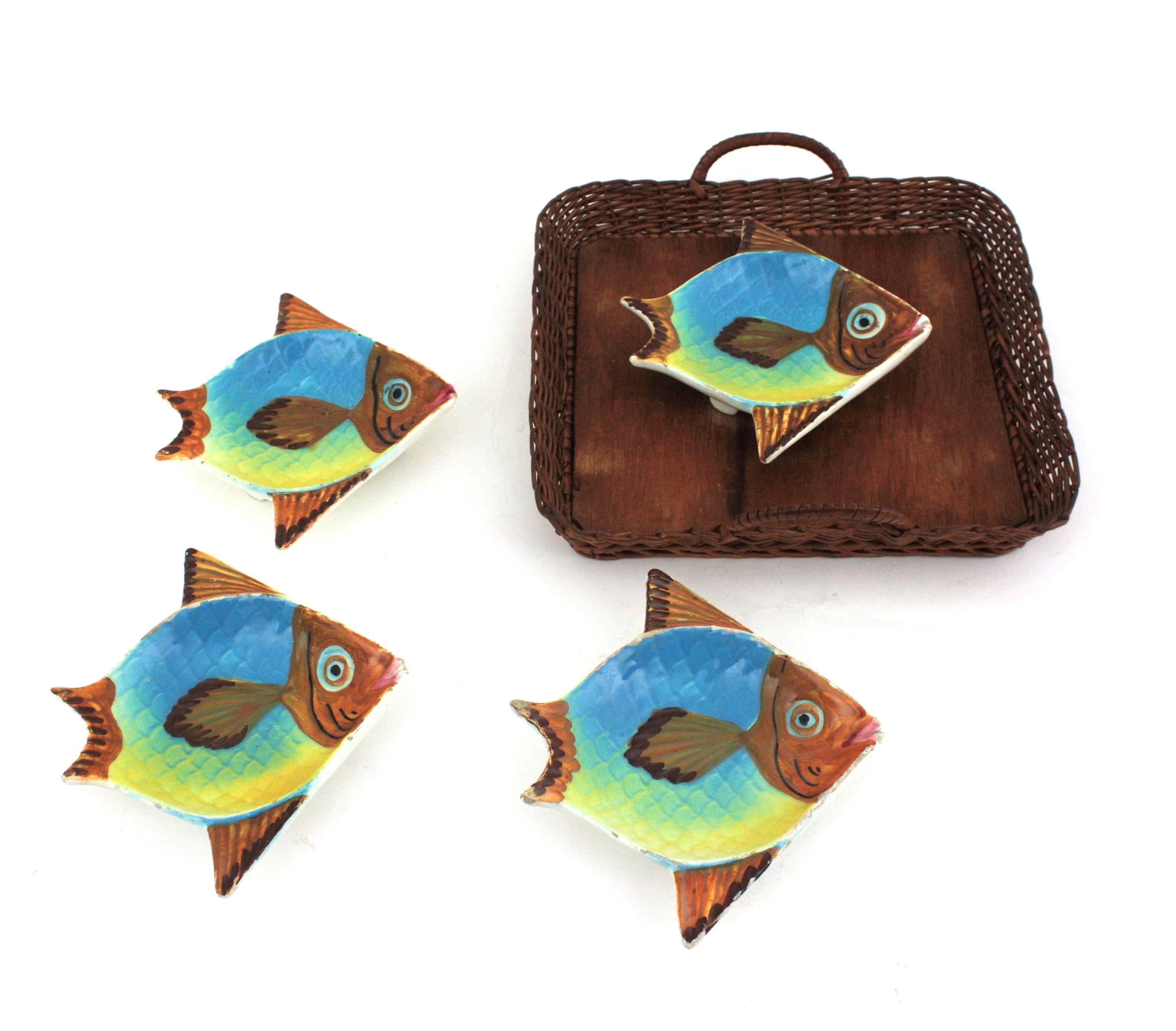 Spanish Ceramic Fish Bowls and Rattan Tray Snacks Set For Sale 2
