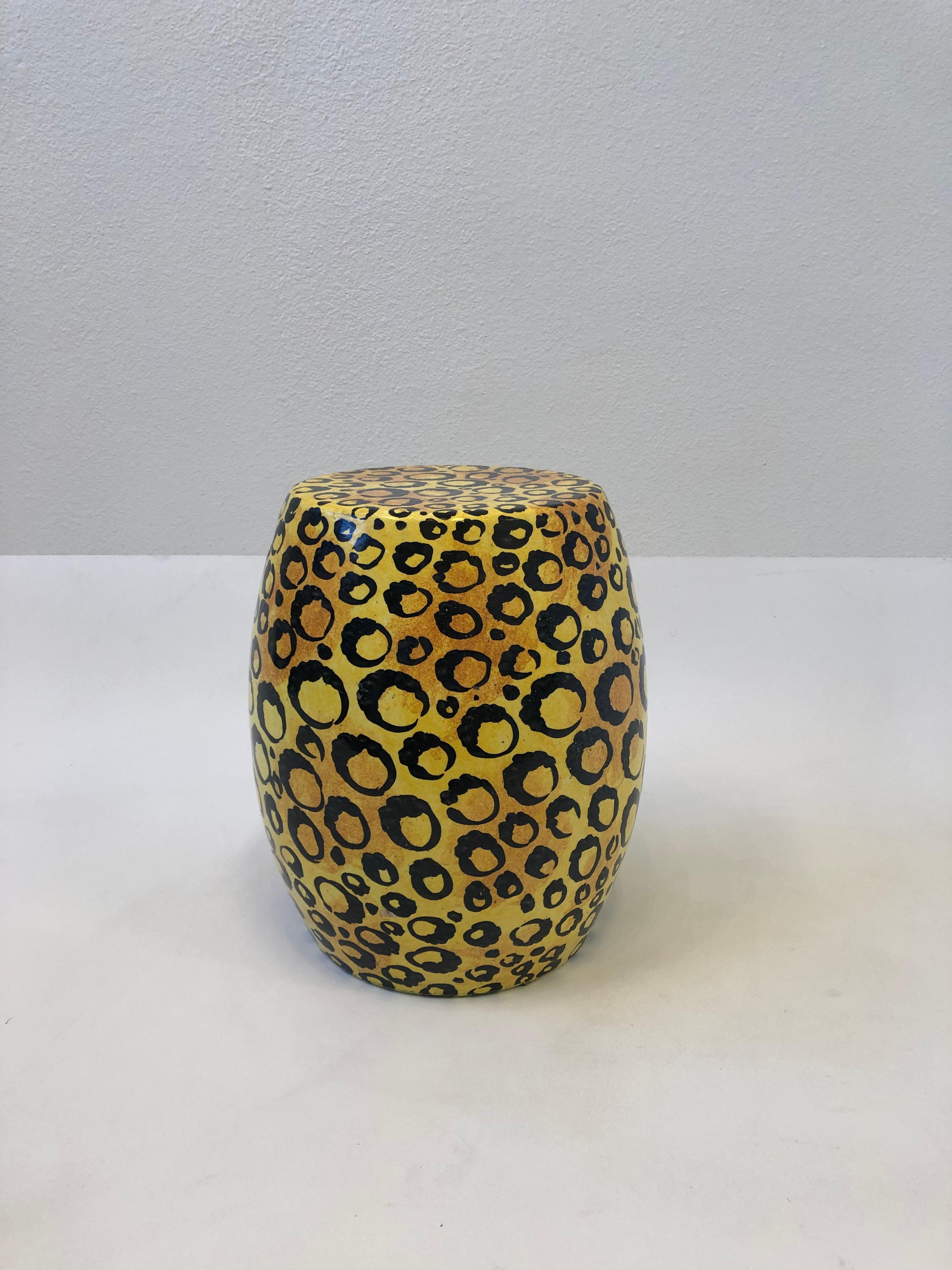 Hollywood Regency Spanish Ceramic Leopard Print Drum Table For Sale