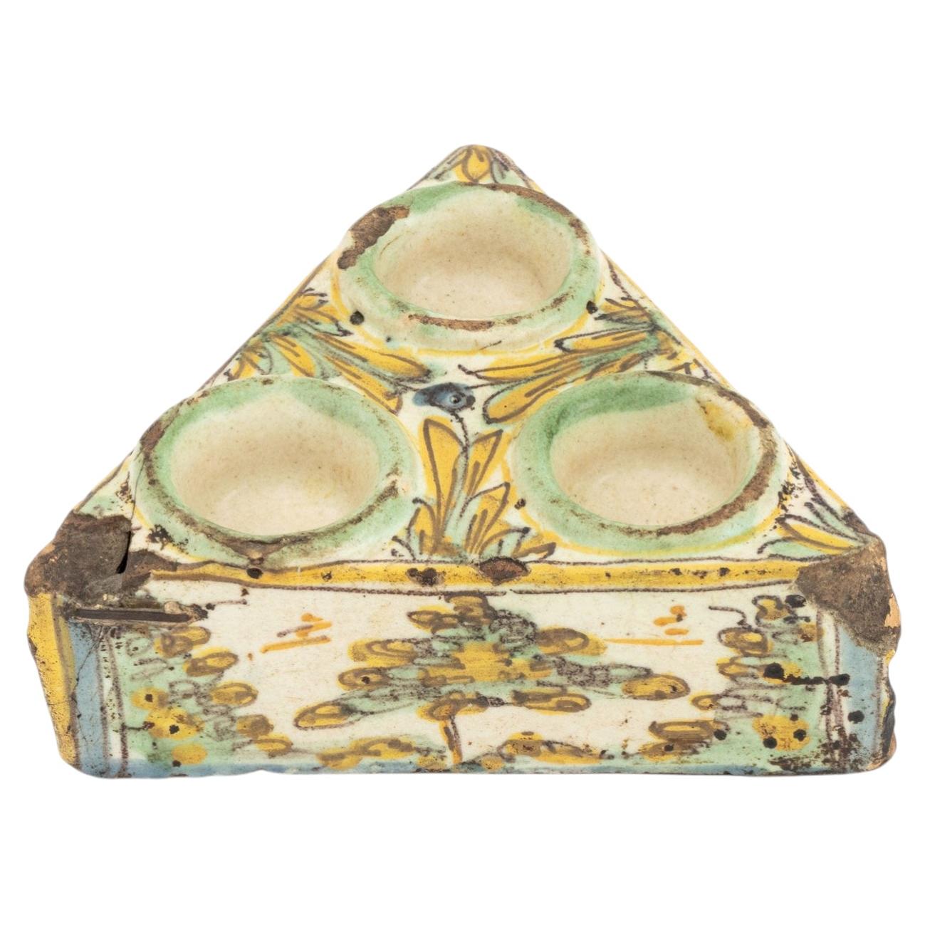 Spanish Ceramic Spice Container, Triangular Form with Foliate Motifs For Sale
