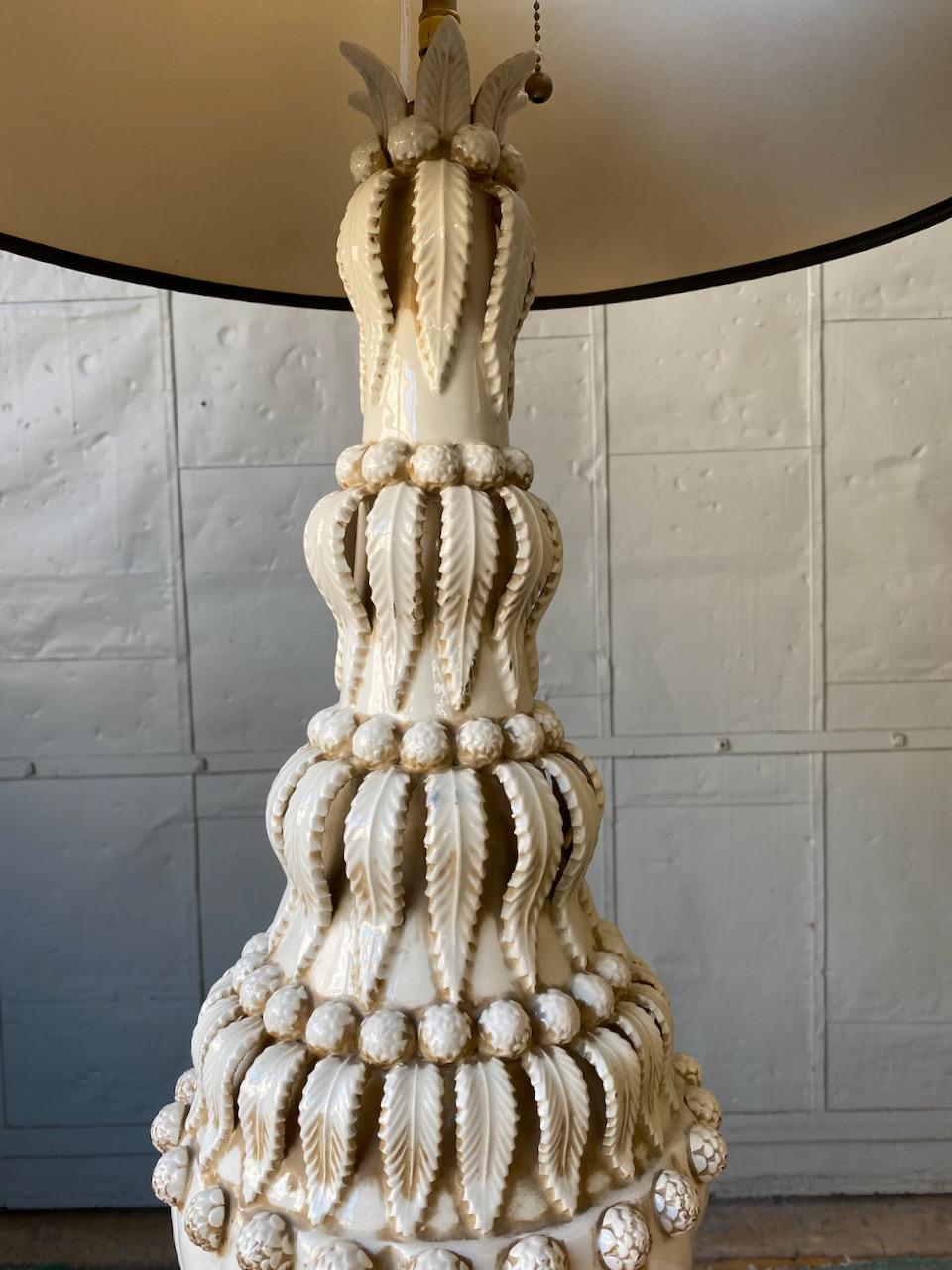 Mid-Century Modern Ornate Spanish Ceramic Table Lamp With Leaf Decorations
