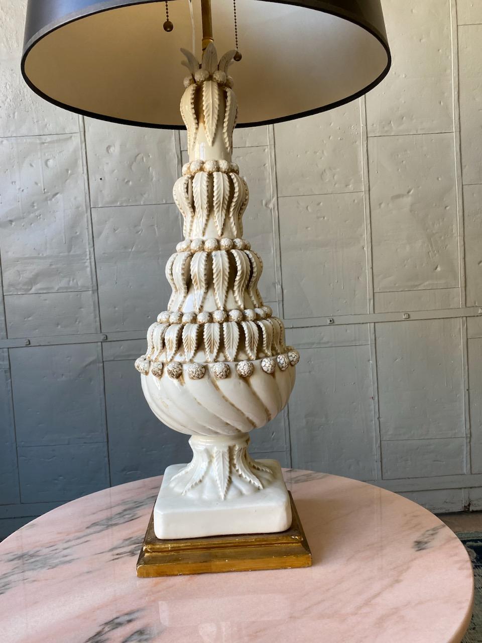 Mid-Century Modern Ornate Spanish Ceramic Table Lamp With Leaf Decorations For Sale