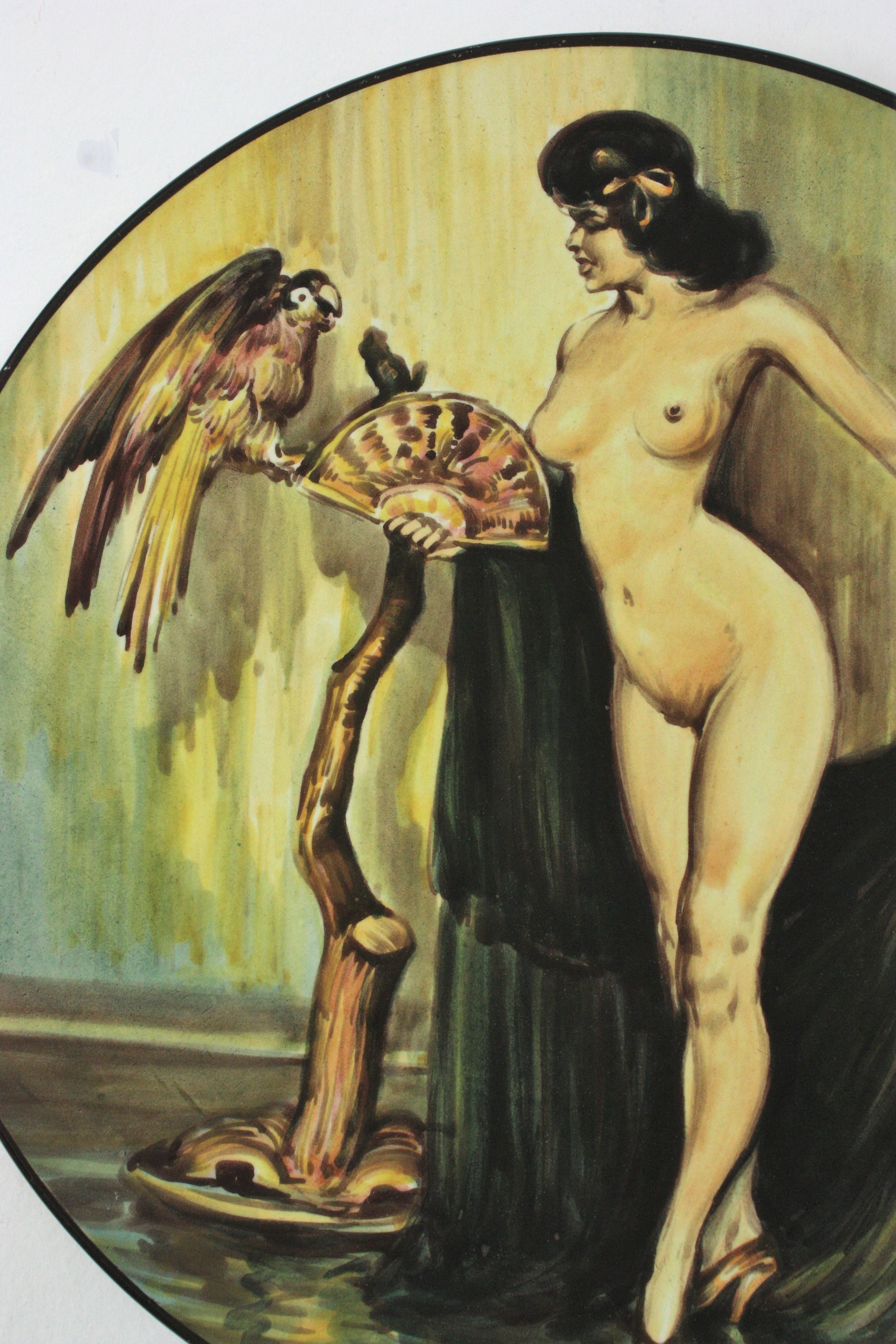 Mid-Century Modern Plaque murale en céramique espagnole, Gipsy Nude with Parrot 'Gitana Desnuda', années 1950 en vente
