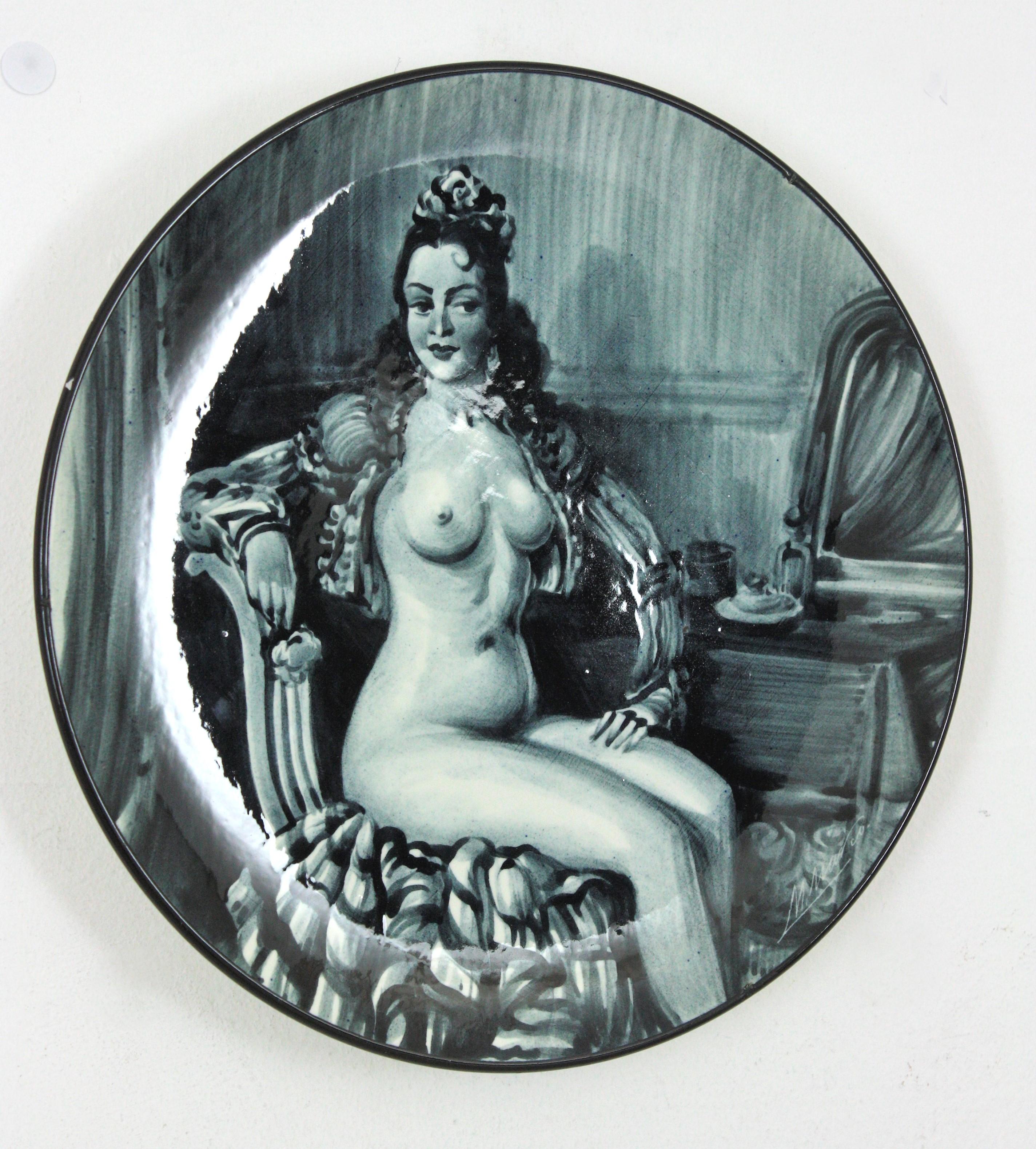 Glazed Spanish Ceramic Wall Plate, Nude Dancer 'La Oterito', 1950s For Sale