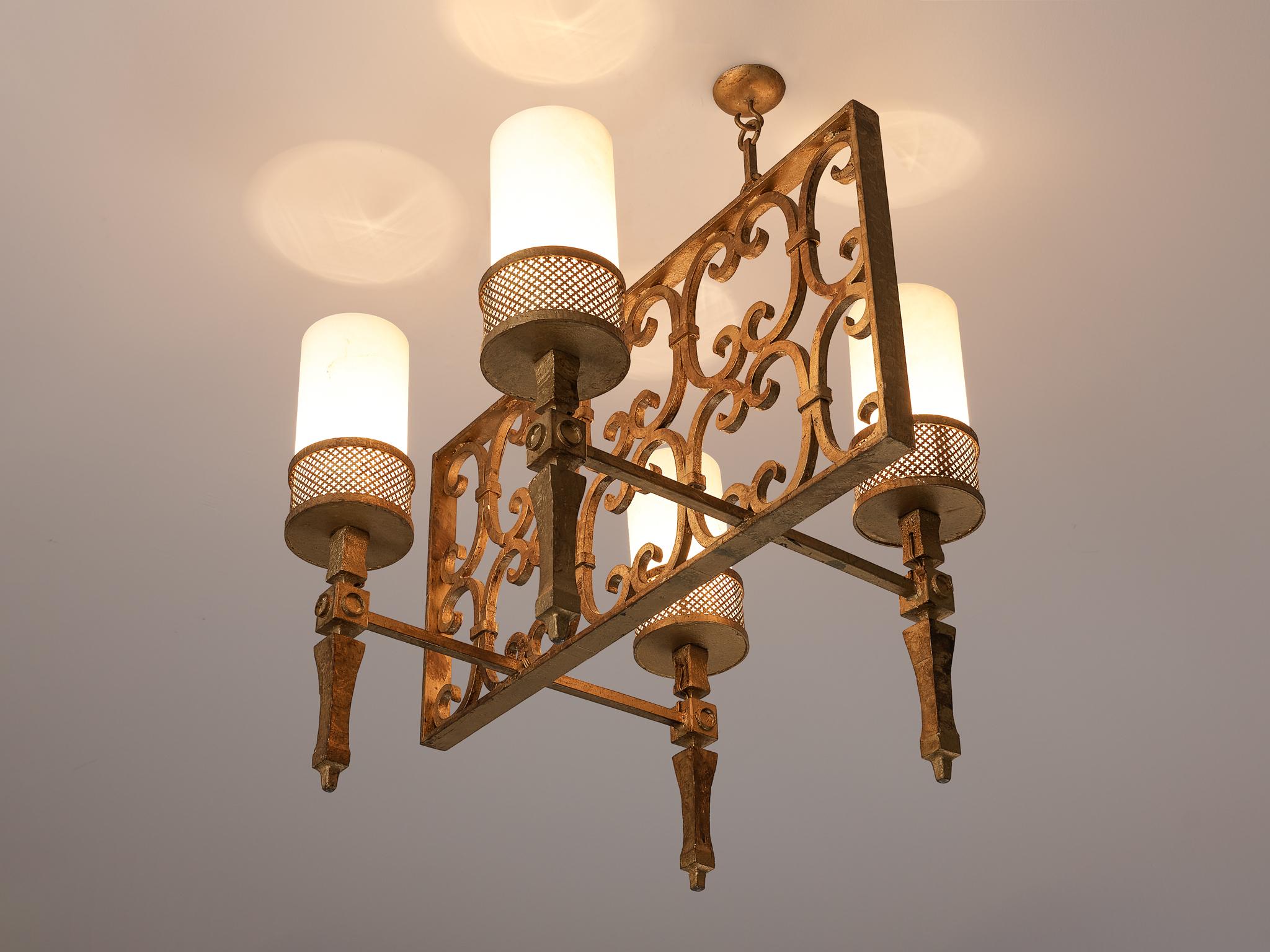 Mid-Century Modern Spanish Chandelier in Wrought Iron and Glass For Sale