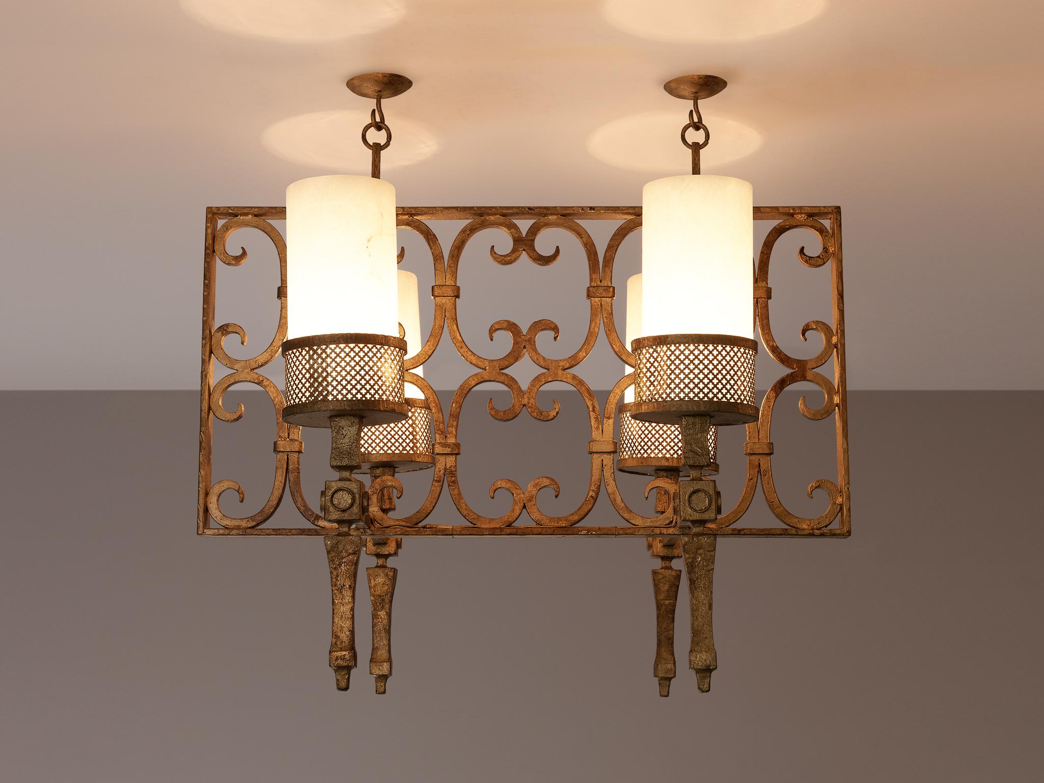 Late 20th Century Spanish Chandelier in Wrought Iron and Glass For Sale