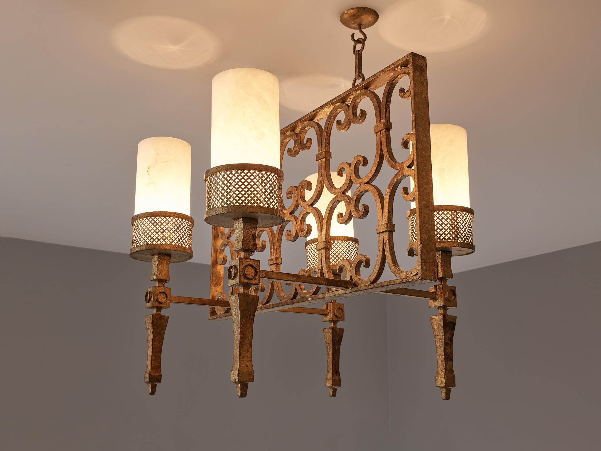 Spanish Chandelier in Wrought Iron and Glass For Sale 1