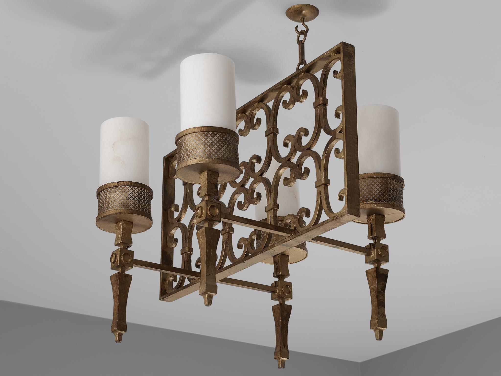 Spanish Chandelier in Wrought Iron and Glass For Sale 2