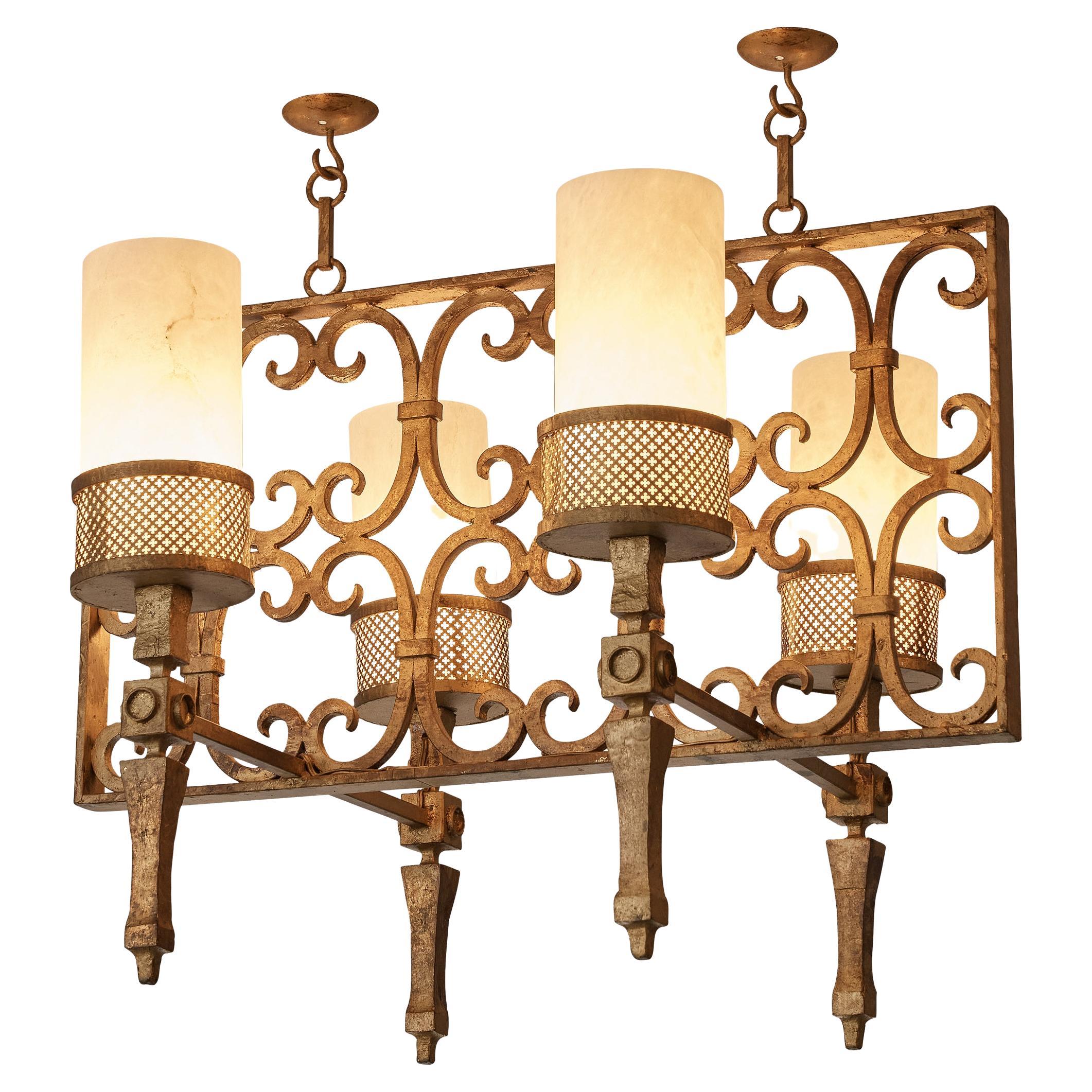 Spanish Chandelier in Wrought Iron and Glass For Sale