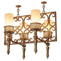 Retro Spanish Chandelier in Wrought Iron and Glass
