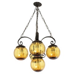 Spanish Chandelier in Wrought Iron with Amber Yellow Glass Globes, Five Lights
