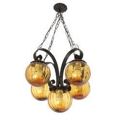 Spanish Chandelier in Wrought Iron with Amber Yellow Glass Globes, Five Lights