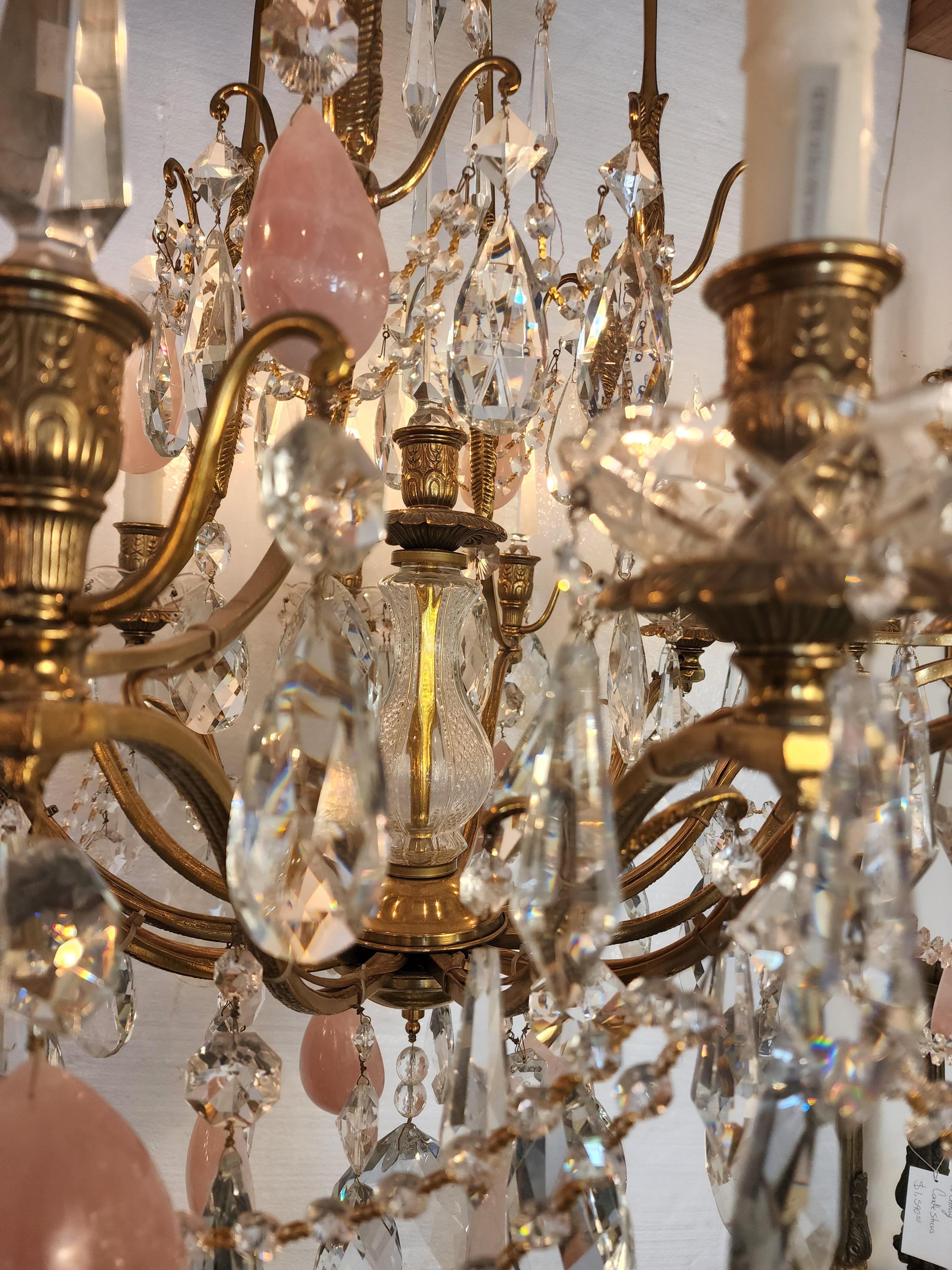 Beautiful Spanish pink rock crystal and clear crystal chandelier. Measures: 43
