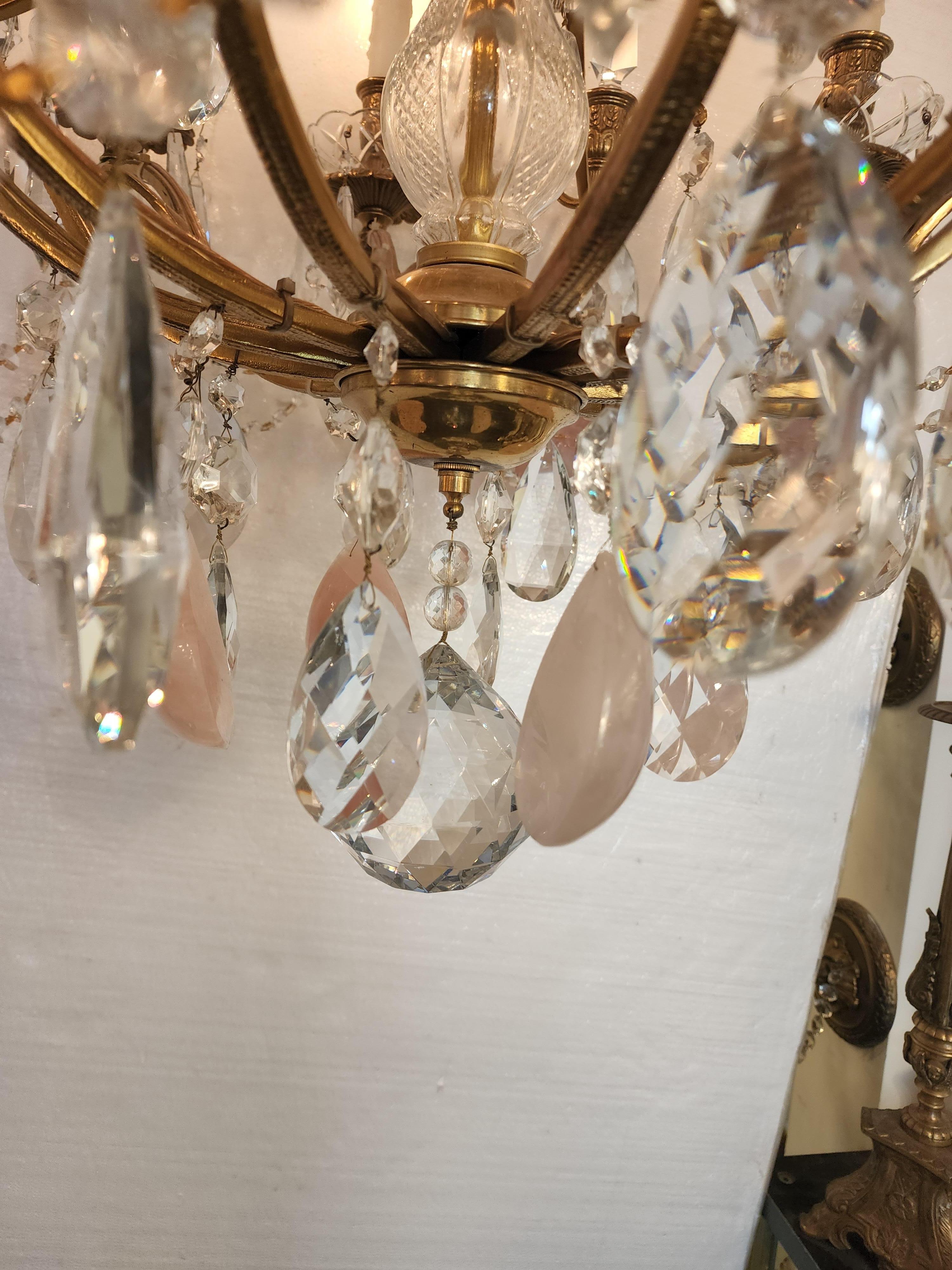 Spanish Chandelier with Pink Rock Crystals In New Condition In Dallas, TX