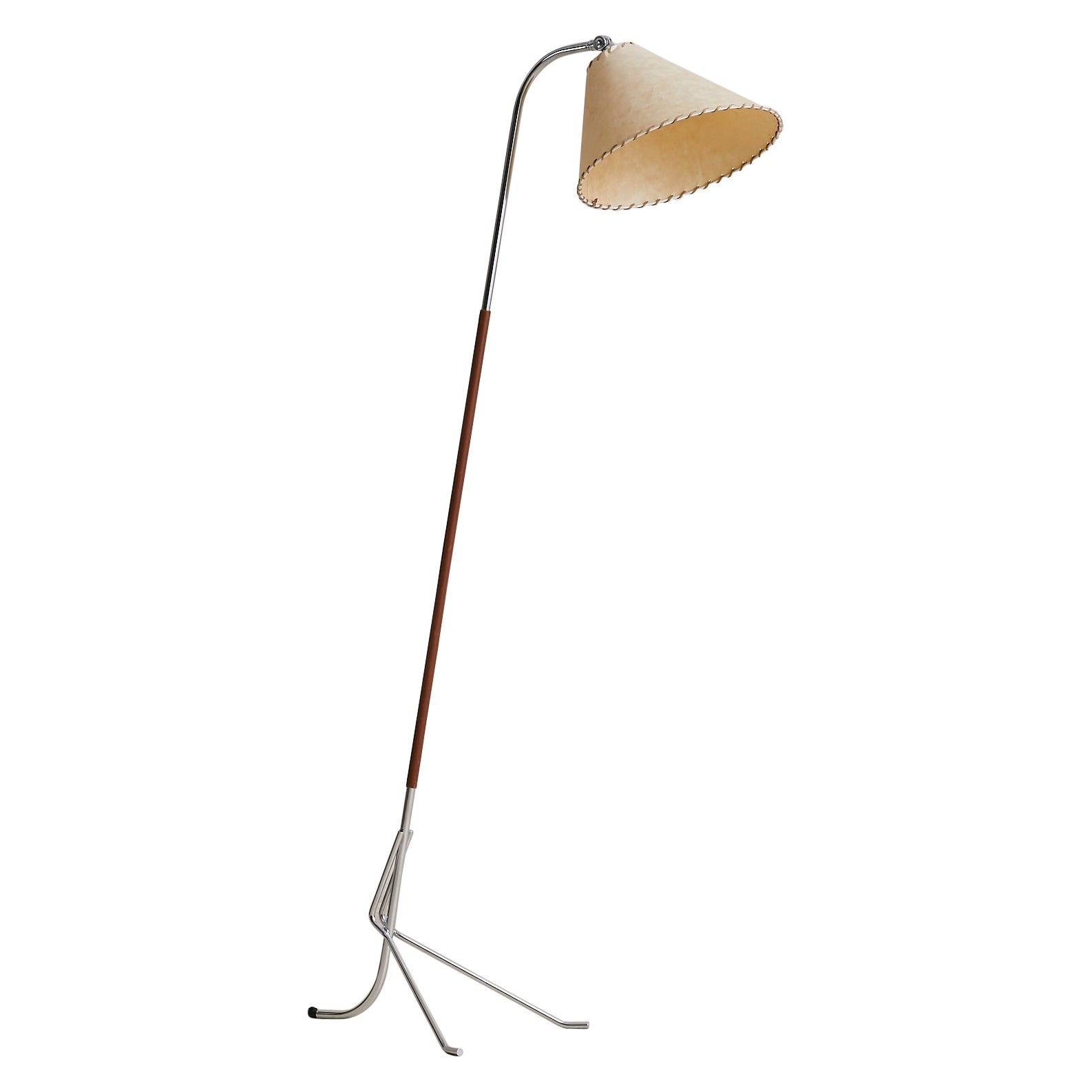 Spanish Chrome + Leather Floor Lamp with Parchment Shade by Pete Sans, 1990s en vente