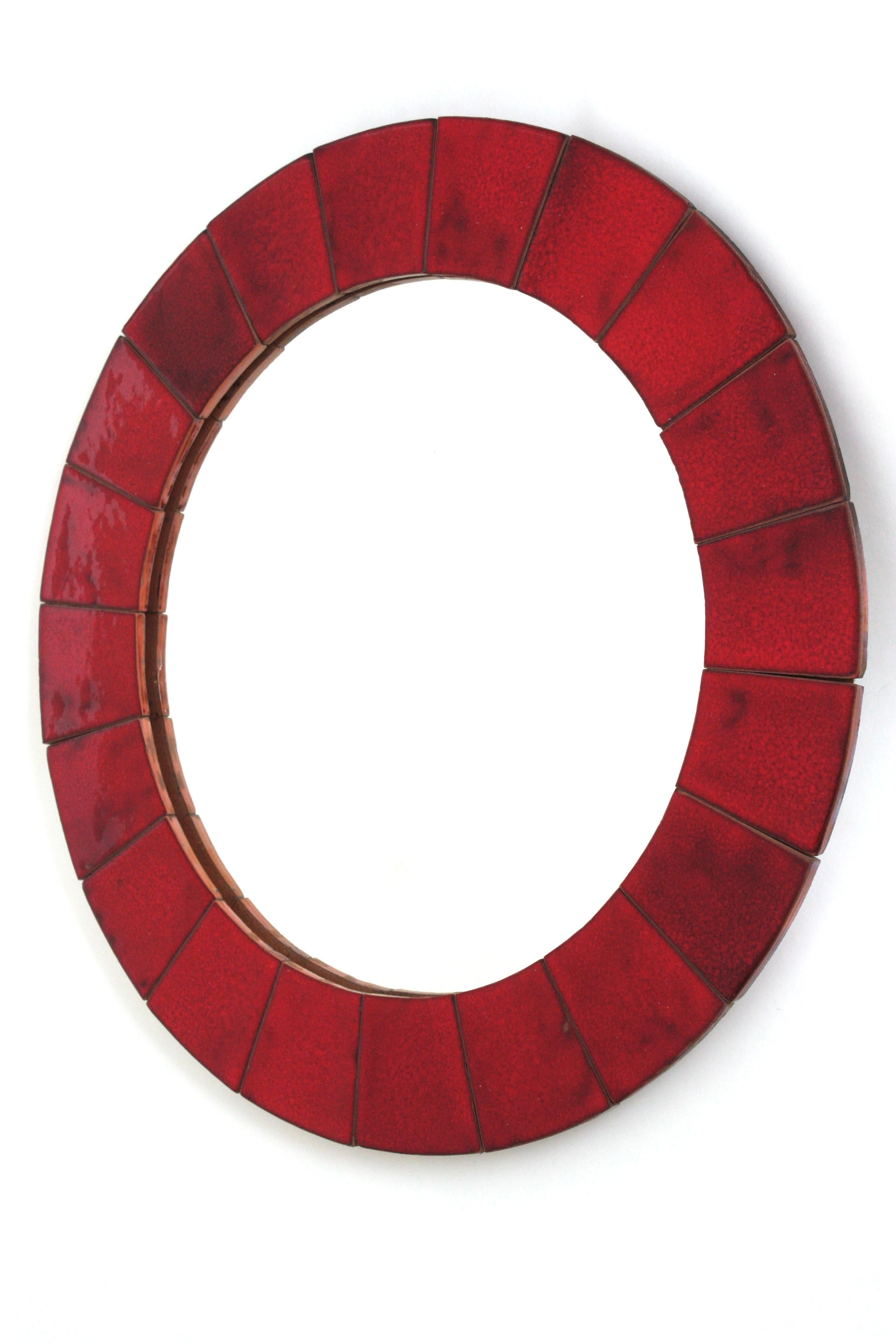 Spanish Circular Wall Mirror in Red Glazed Ceramic, 1960 For Sale 5