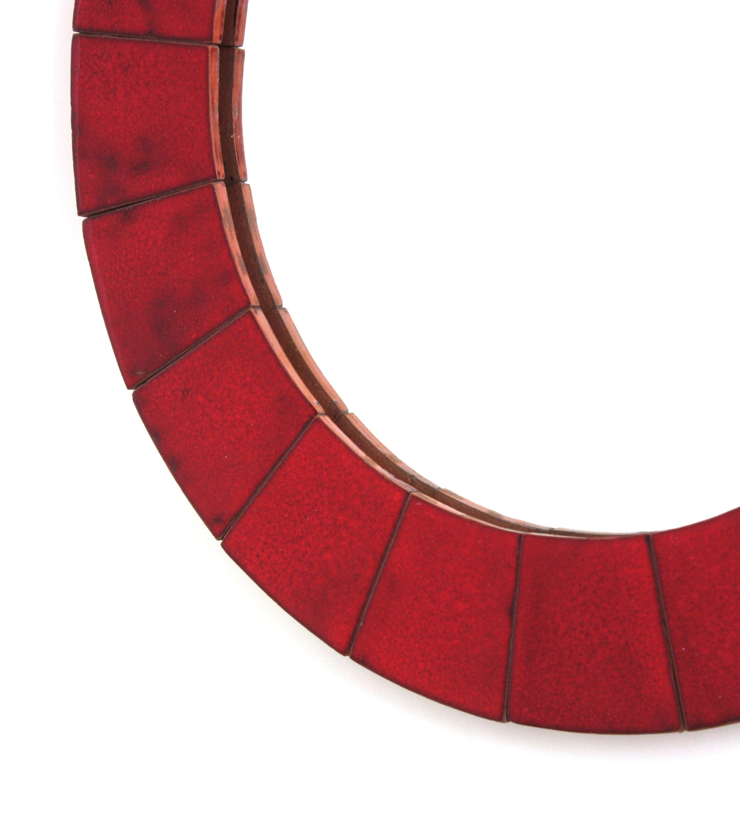 Spanish Circular Wall Mirror in Red Glazed Ceramic, 1960 For Sale 6