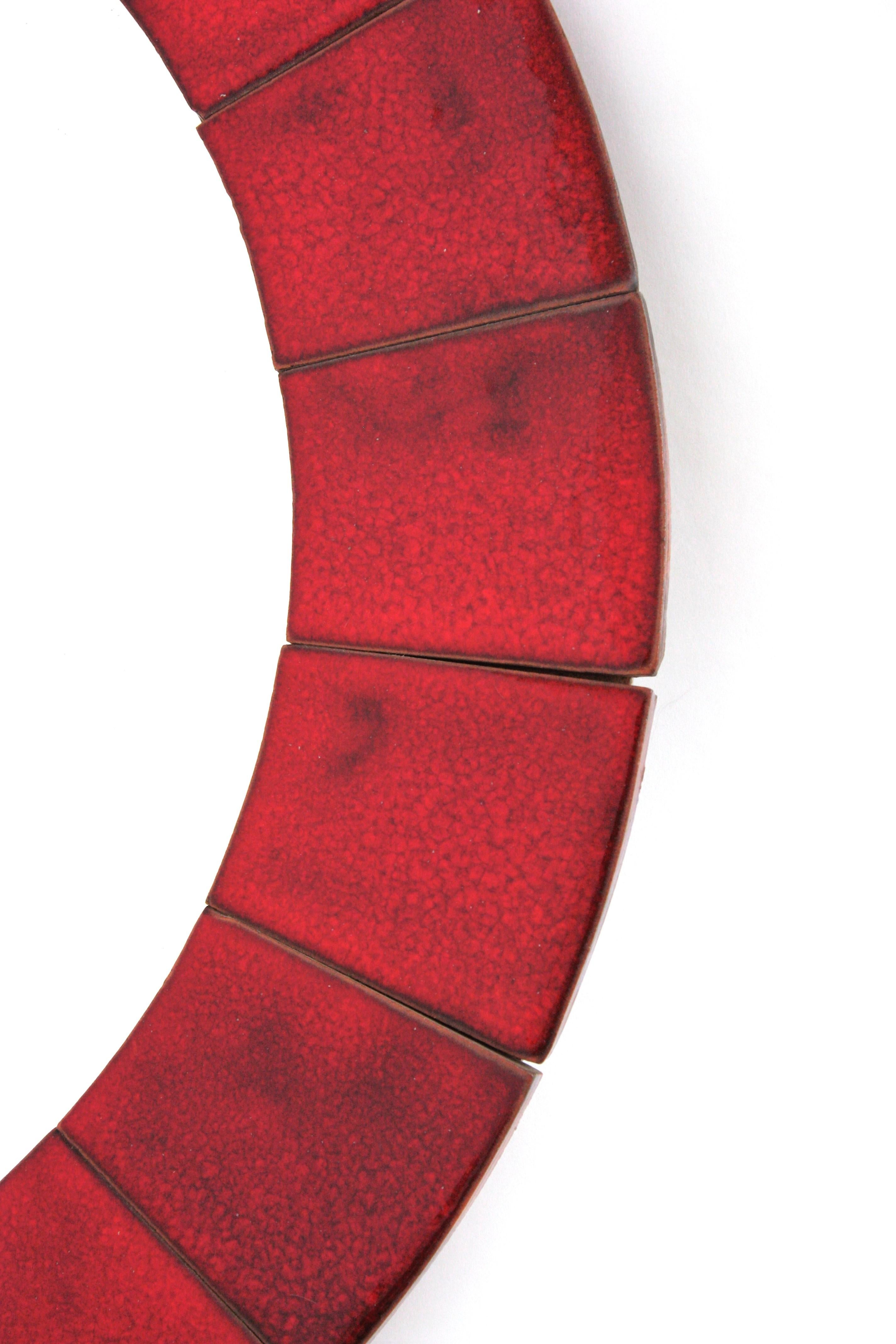 Spanish Circular Wall Mirror in Red Glazed Ceramic, 1960 For Sale 7