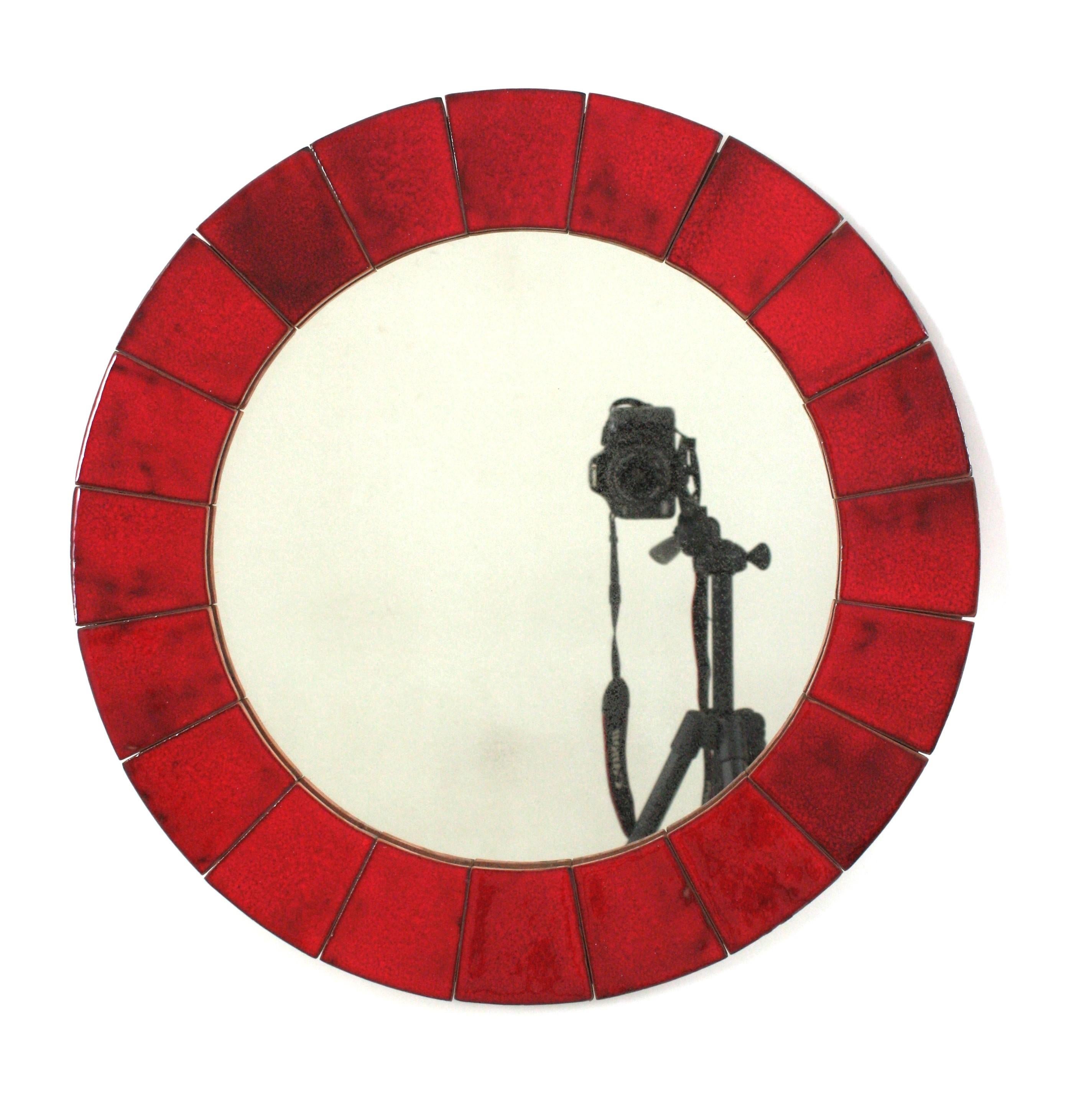 Spanish Circular Wall Mirror in Red Glazed Ceramic, 1960 For Sale 8