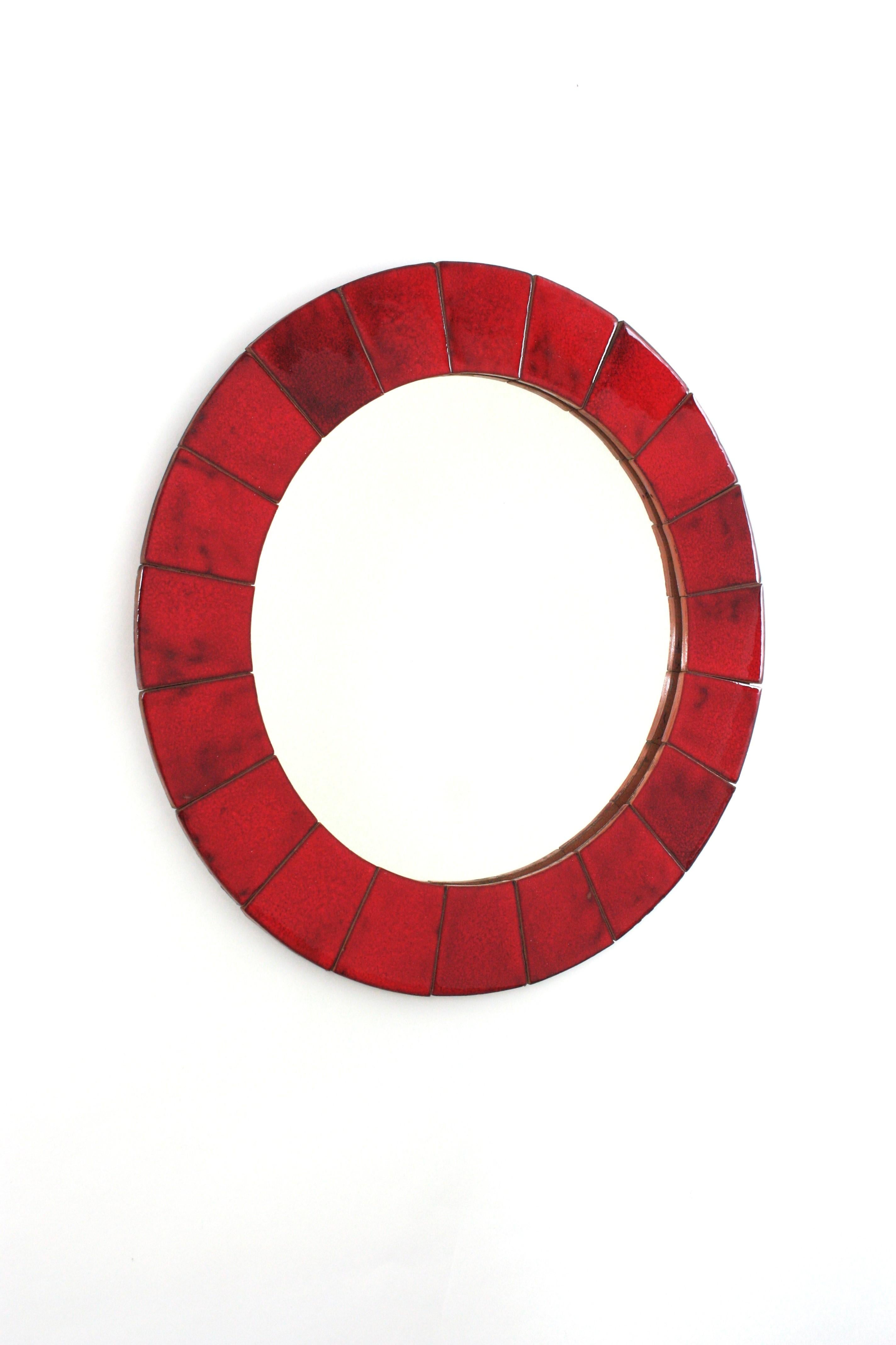 Mid-Century Modern Spanish Circular Wall Mirror in Red Glazed Ceramic, 1960 For Sale