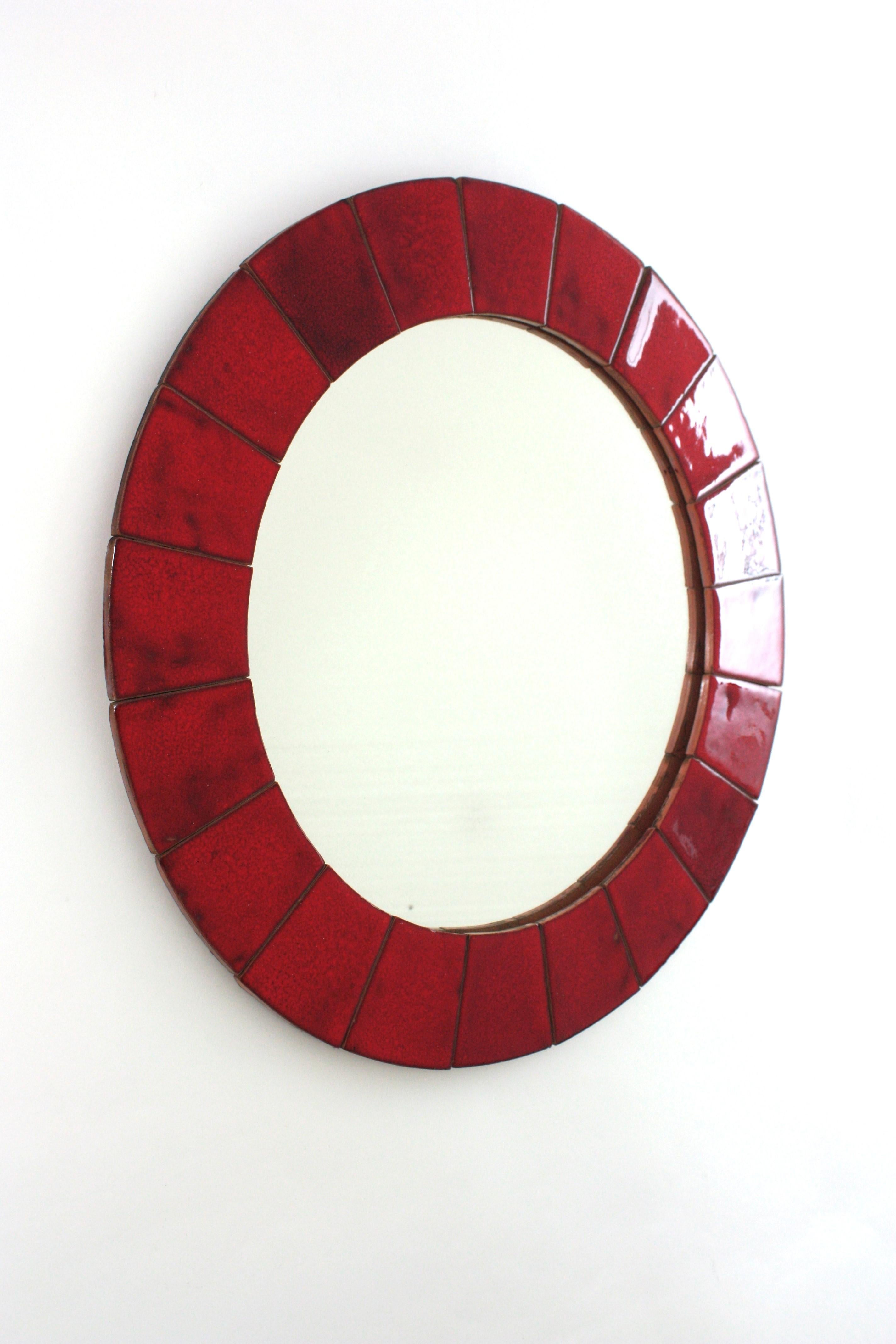20th Century Spanish Circular Wall Mirror in Red Glazed Ceramic, 1960 For Sale
