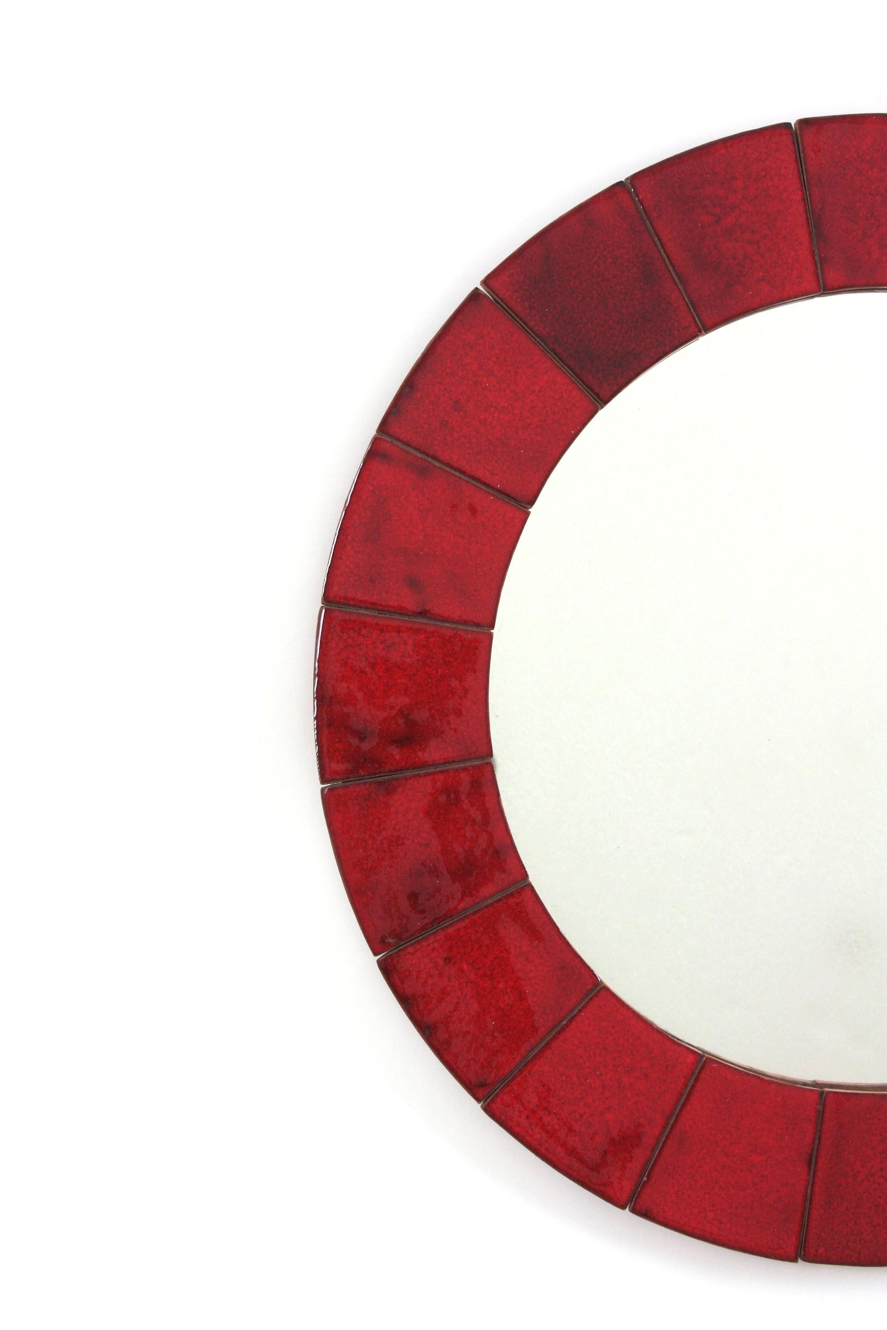 Spanish Circular Wall Mirror in Red Glazed Ceramic, 1960 For Sale 1