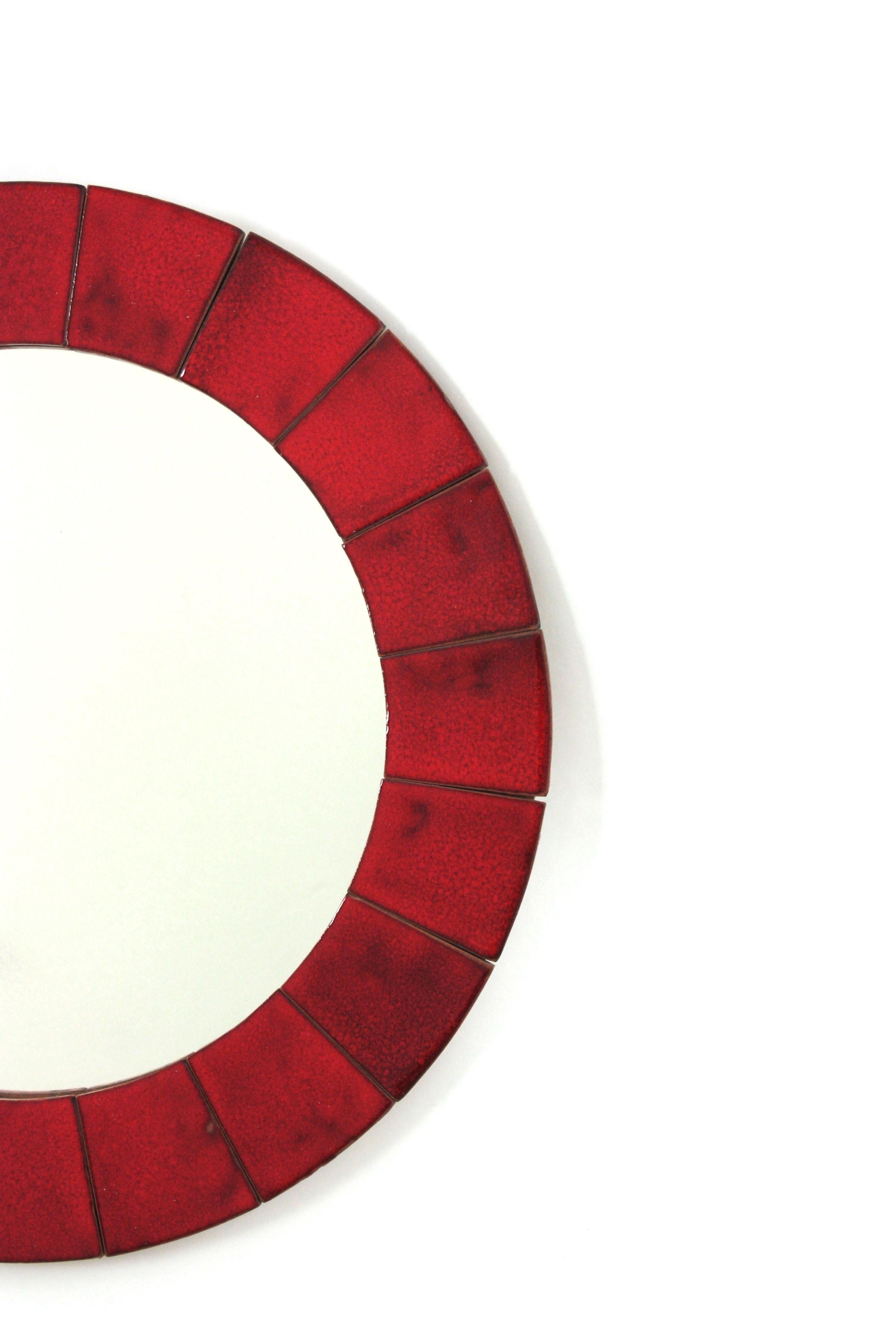 Spanish Circular Wall Mirror in Red Glazed Ceramic, 1960 For Sale 2