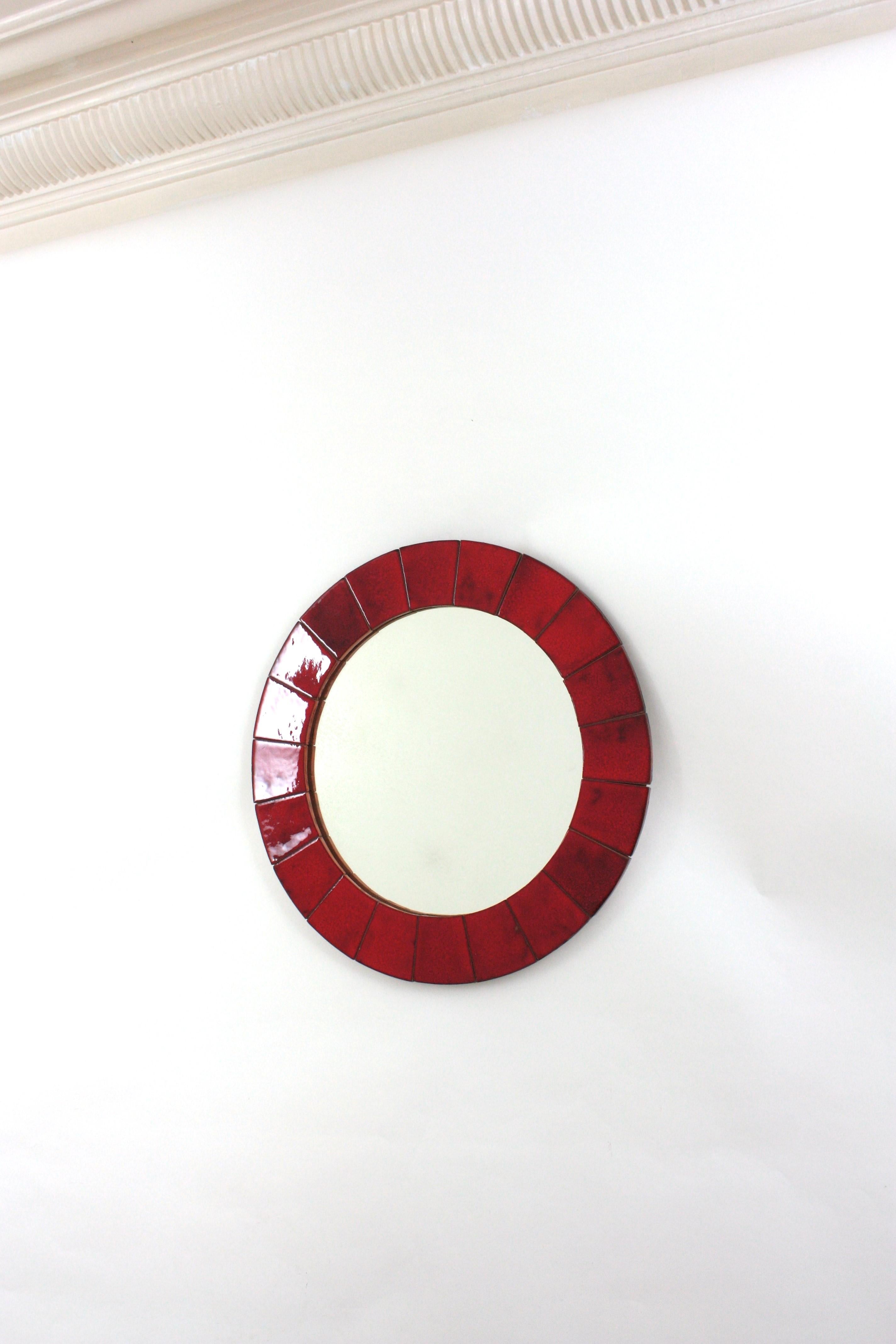 Spanish Circular Wall Mirror in Red Glazed Ceramic, 1960 For Sale 3