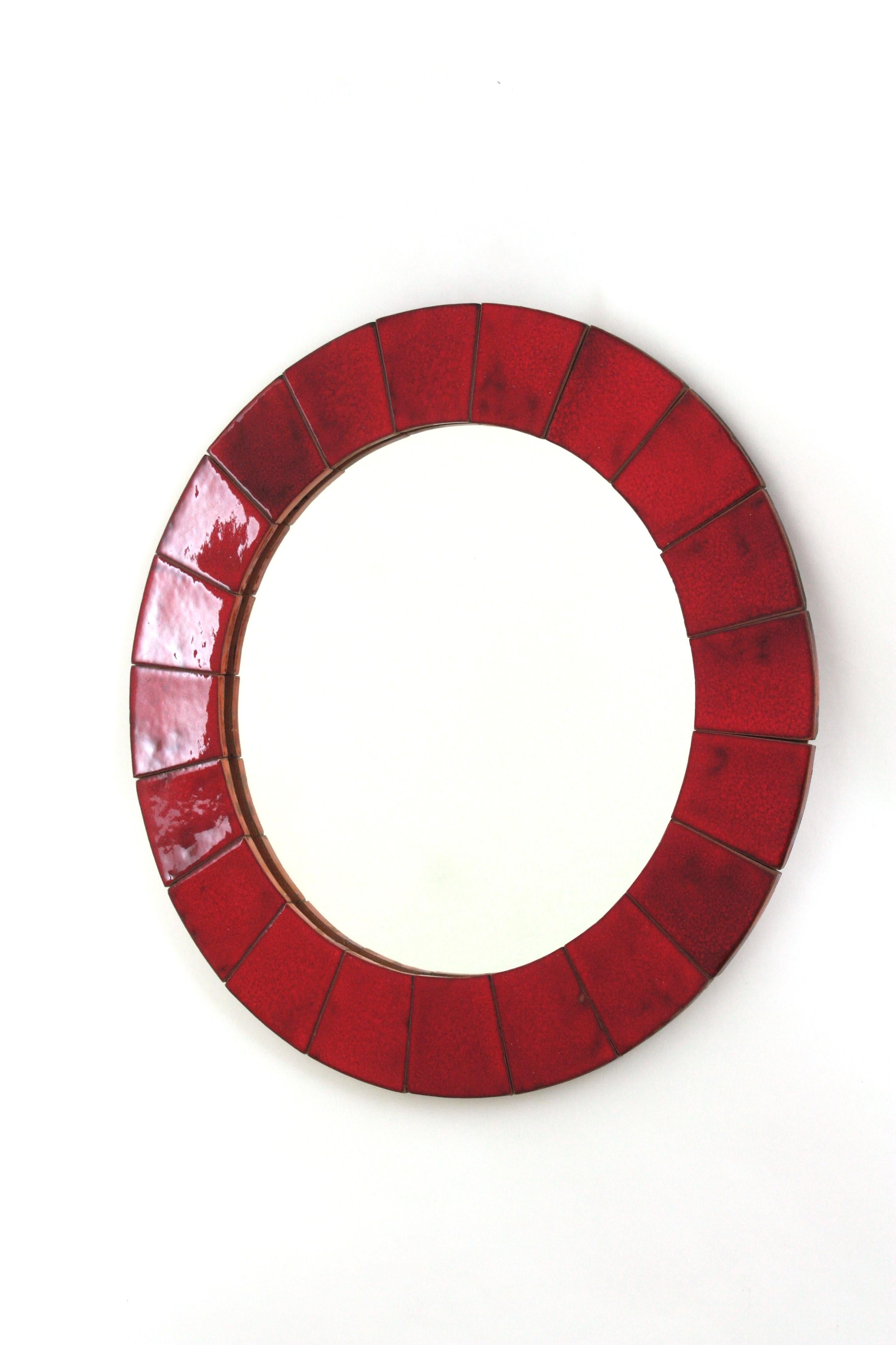 Spanish Circular Wall Mirror in Red Glazed Ceramic, 1960 For Sale 4