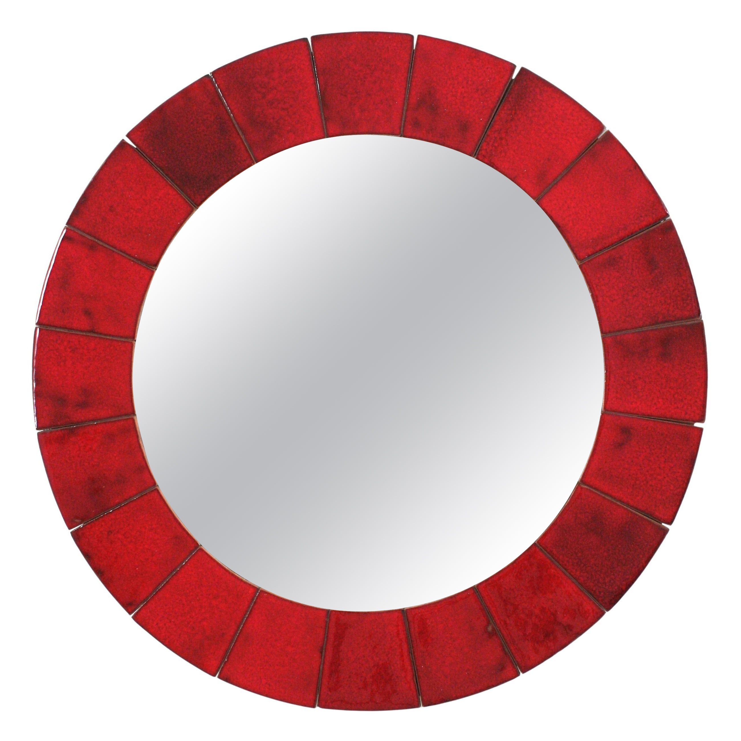 Spanish Circular Wall Mirror in Red Glazed Ceramic, 1960 For Sale