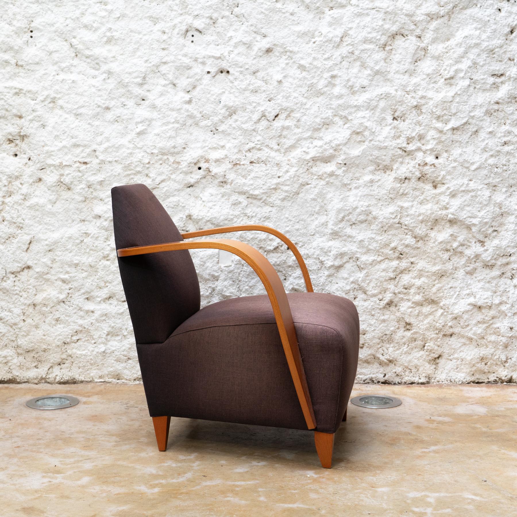Mid-Century Modern Spanish Club Chair with Plywood Armrests and Original Upholstery, Circa 1980 For Sale