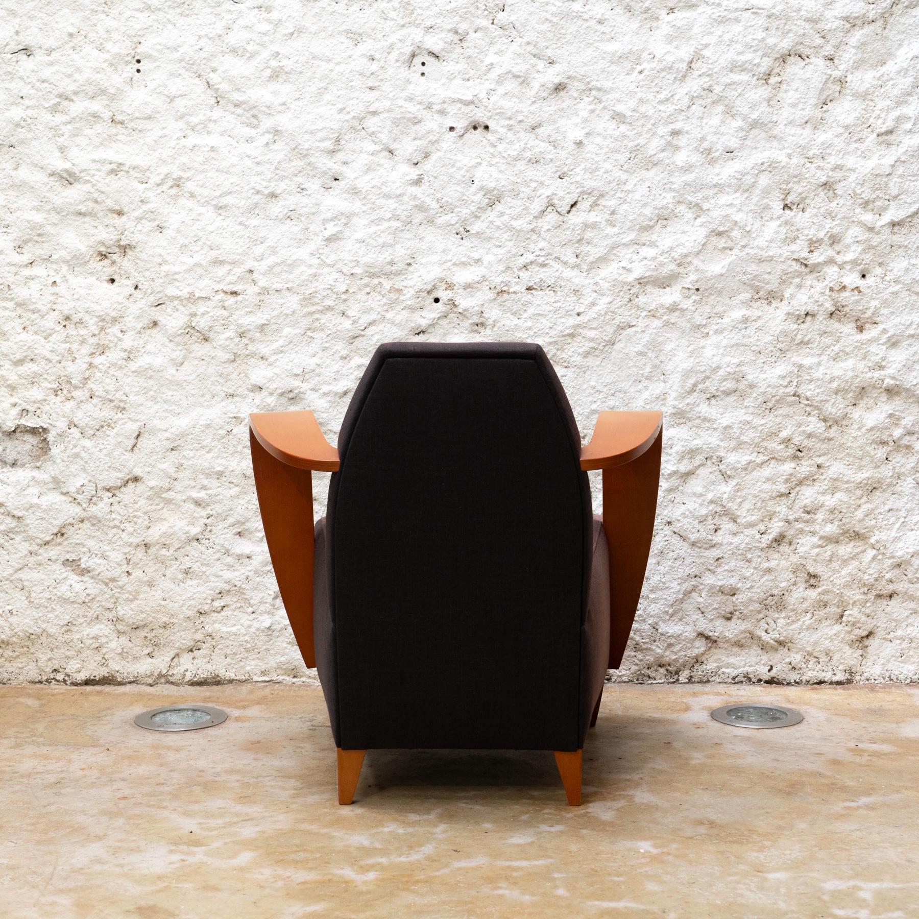 Late 20th Century Spanish Club Chair with Plywood Armrests and Original Upholstery, Circa 1980 For Sale