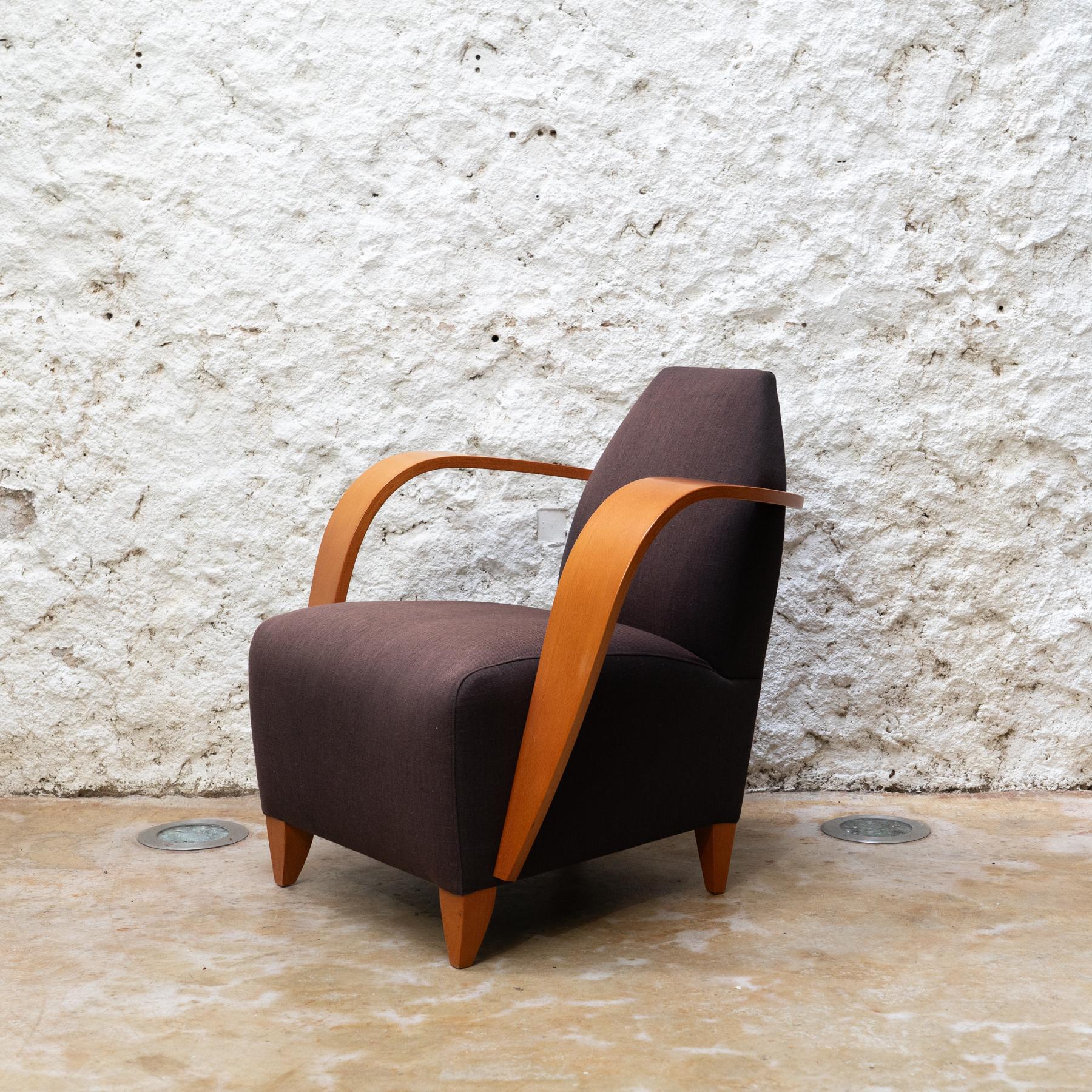 Spanish Club Chair with Plywood Armrests and Original Upholstery, Circa 1980 For Sale 3