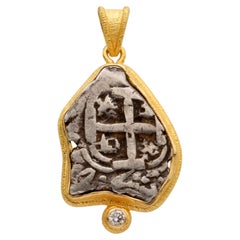 Spanish Colonial 1765 1 Real Cob Diamond 18K Gold Pendant