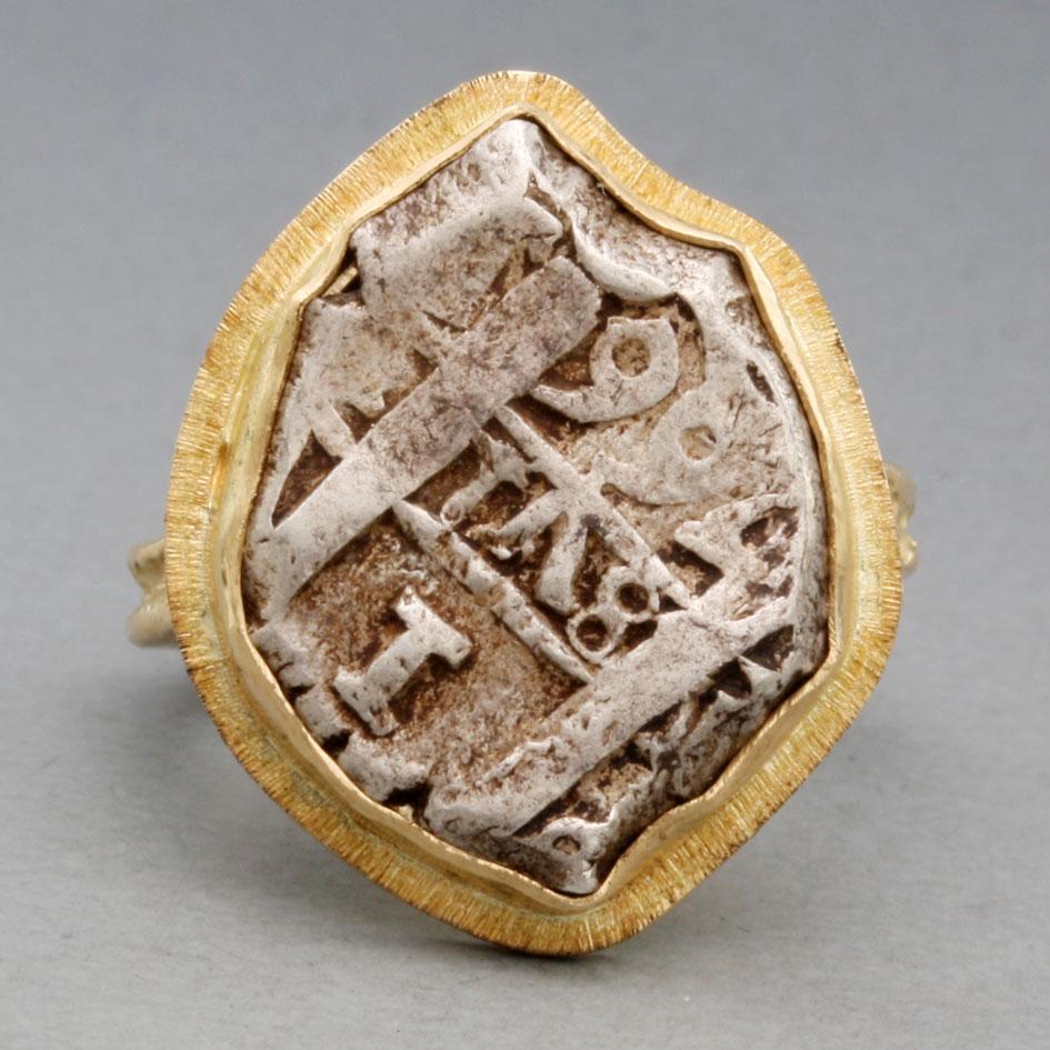 Spanish Colonial 1766 One Real Silver Cob Coin 18K Gold Ring For Sale 5