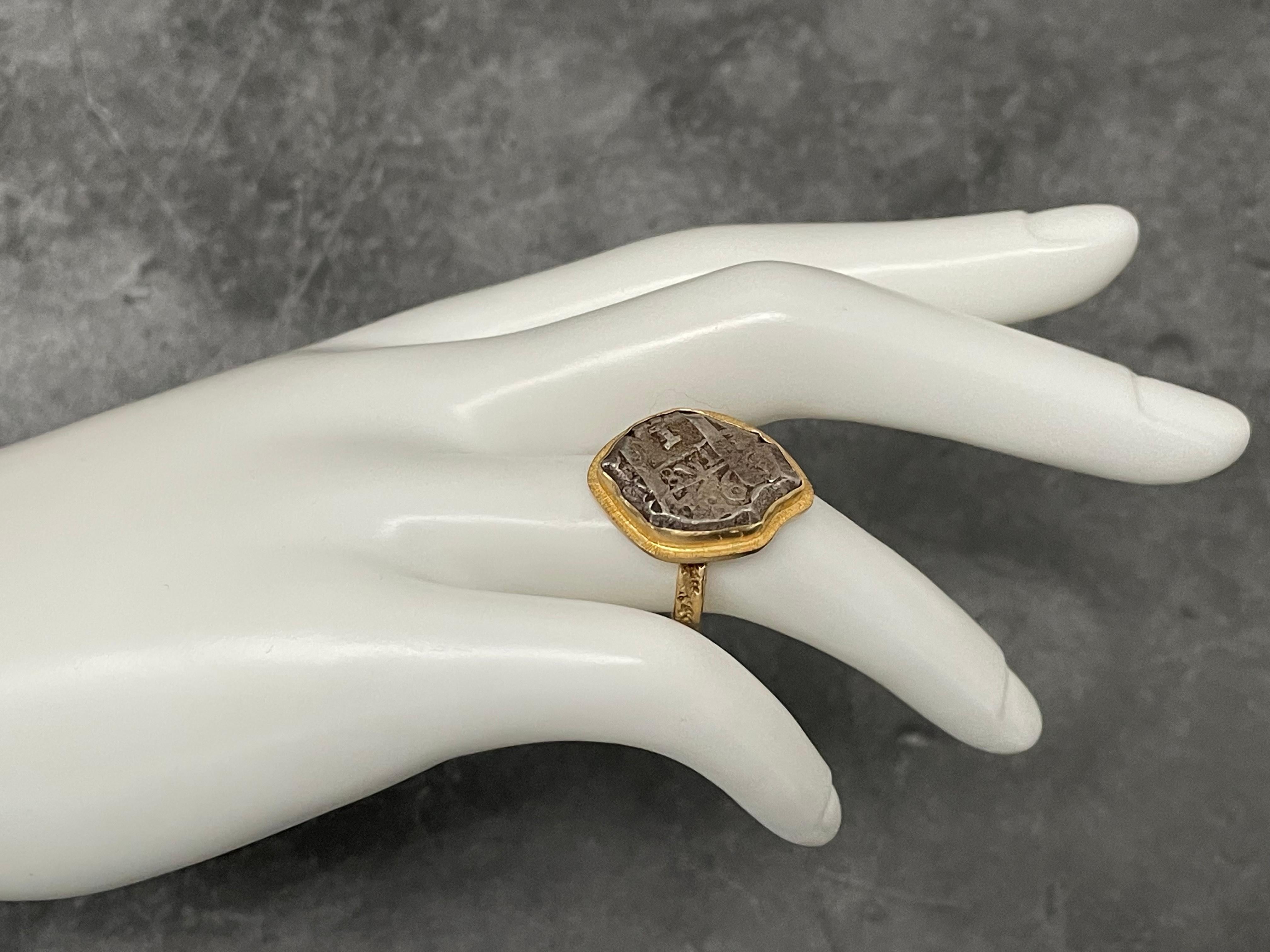 Spanish Colonial 1766 One Real Silver Cob Coin 18K Gold Ring For Sale 1