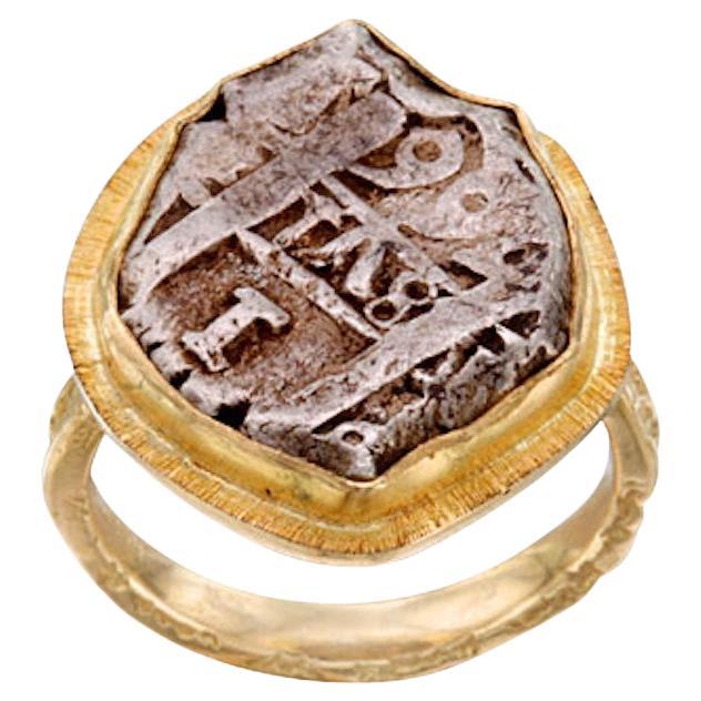 Spanish Colonial 1766 One Real Silver Cob Coin 18K Gold Ring For Sale