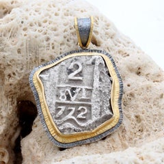 Spanish Colonial 1772 2 Real Cob Coin Sterling 18K Gold Pendant