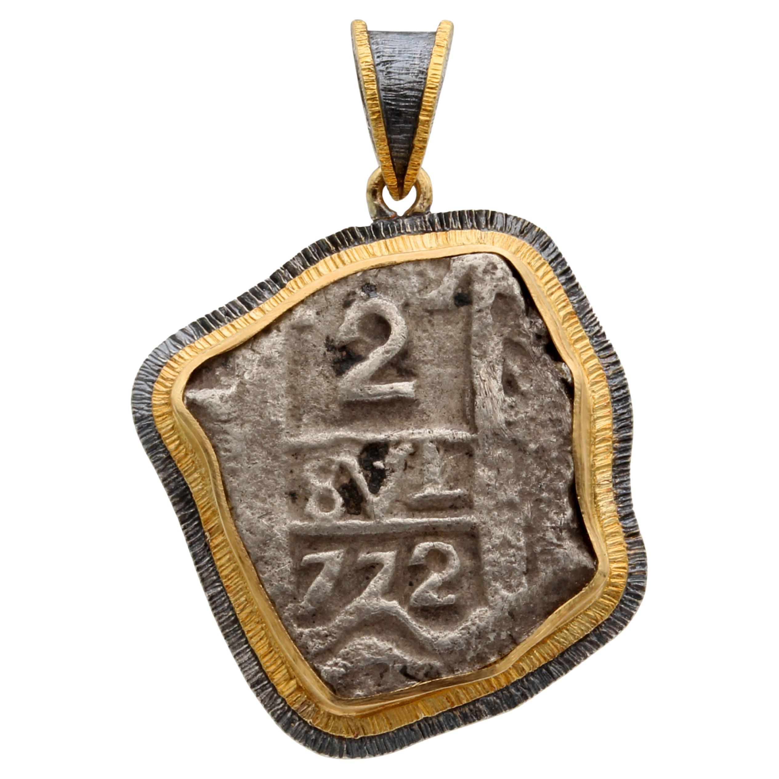 Spanish Colonial 1772 2 Real Cob Coin Sterling 18K Gold Pendant