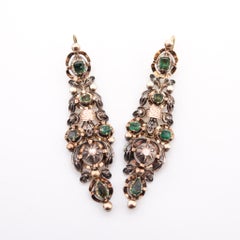 Spanish Colonial 1785 Dangle Earrings 17kt Gold Silver with Diamonds and Emerald