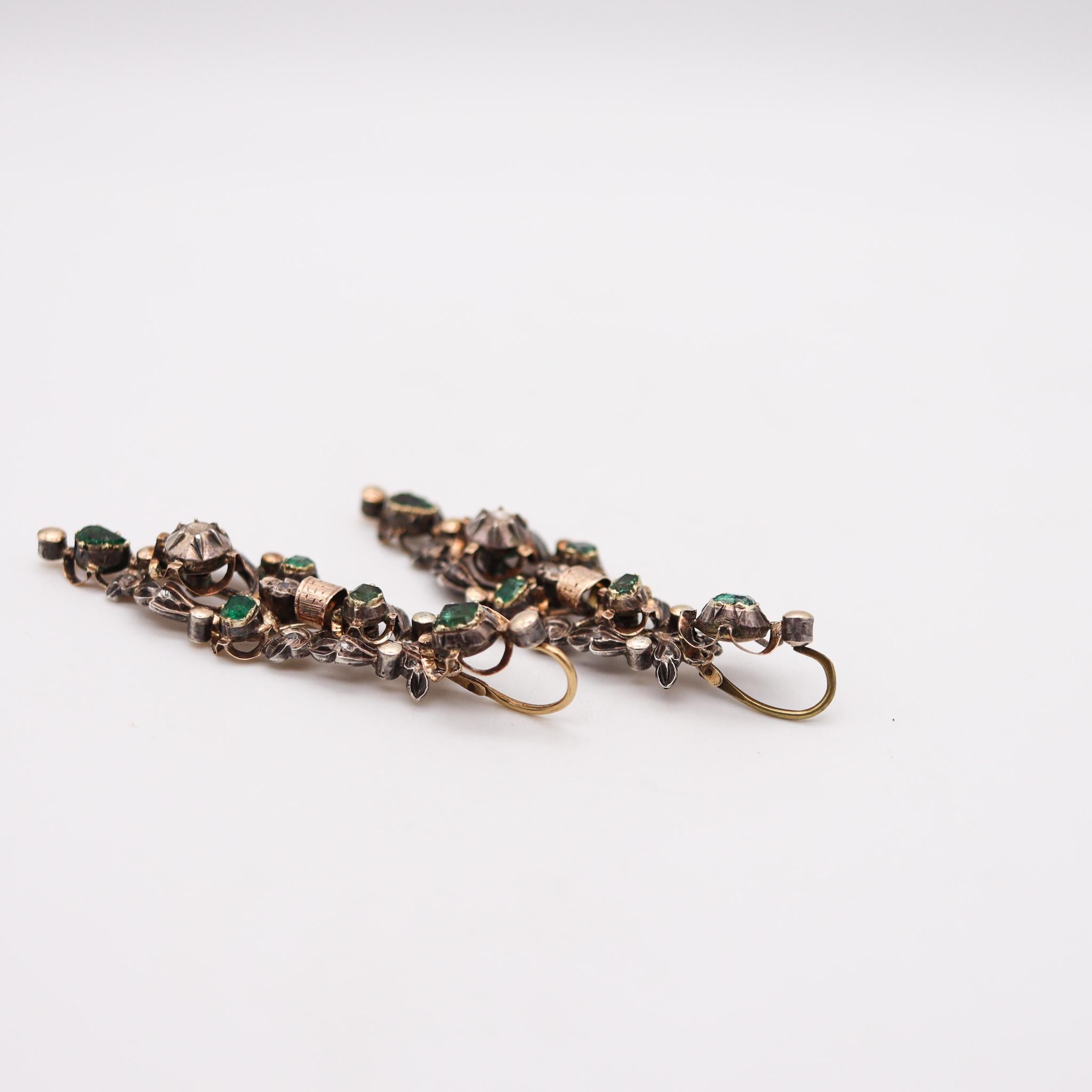 Baroque Spanish Colonial 1785 Dangle Earrings 17kt Gold Silver with Diamonds and Emerald For Sale