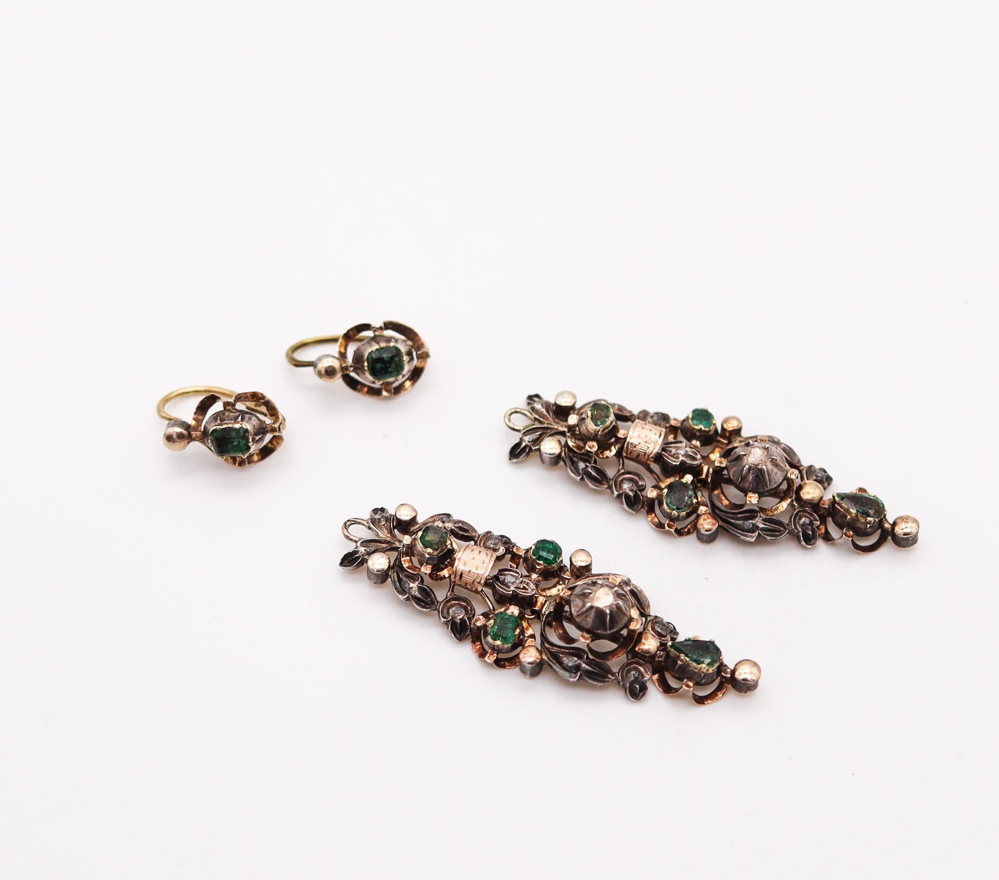 Emerald Cut Spanish Colonial 1785 Dangle Earrings 17kt Gold Silver with Diamonds and Emerald For Sale