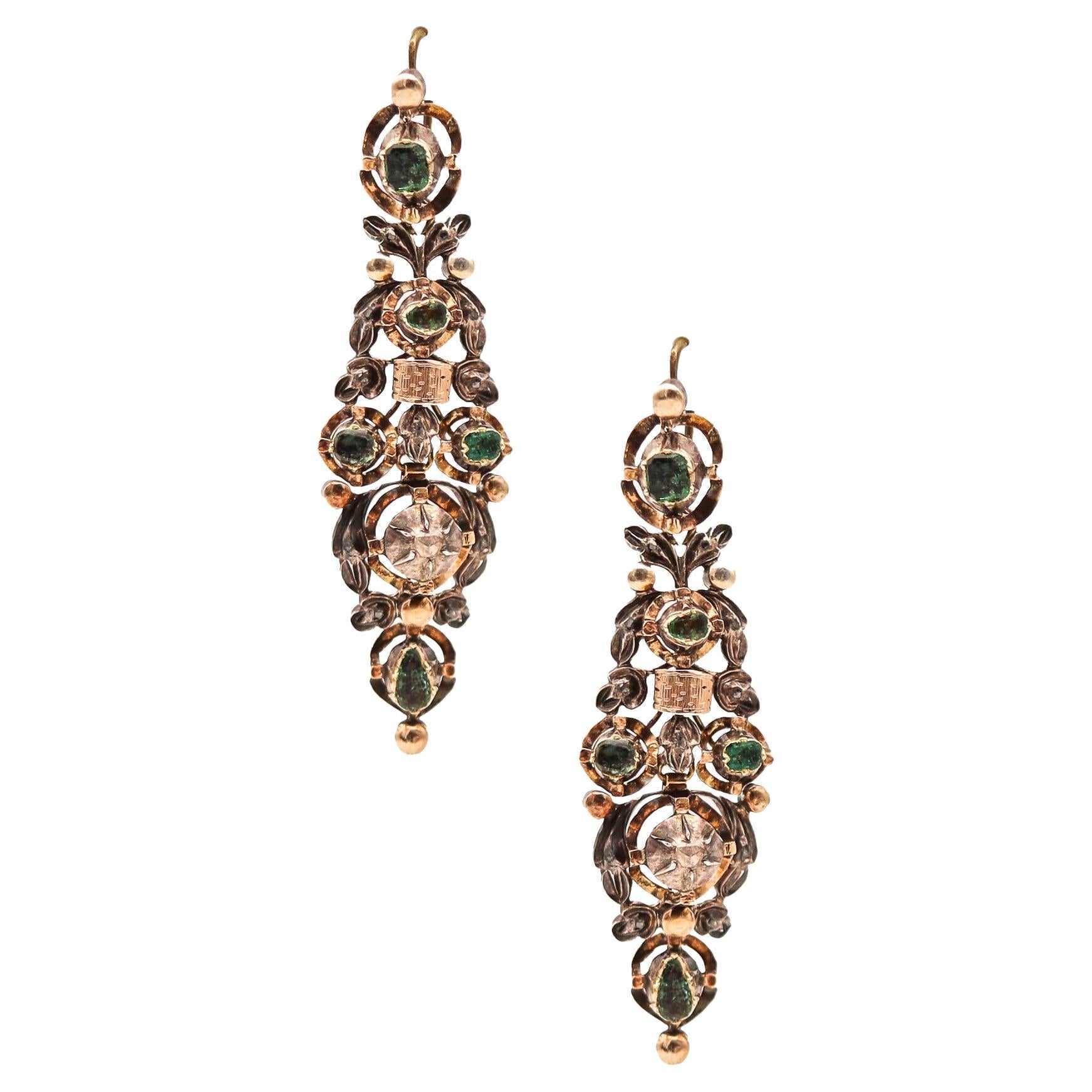Spanish Colonial 1785 Dangle Earrings 17kt Gold Silver with Diamonds and Emerald For Sale