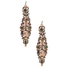 Antique Spanish Colonial 1785 Dangle Earrings 17kt Gold Silver with Diamonds and Emerald