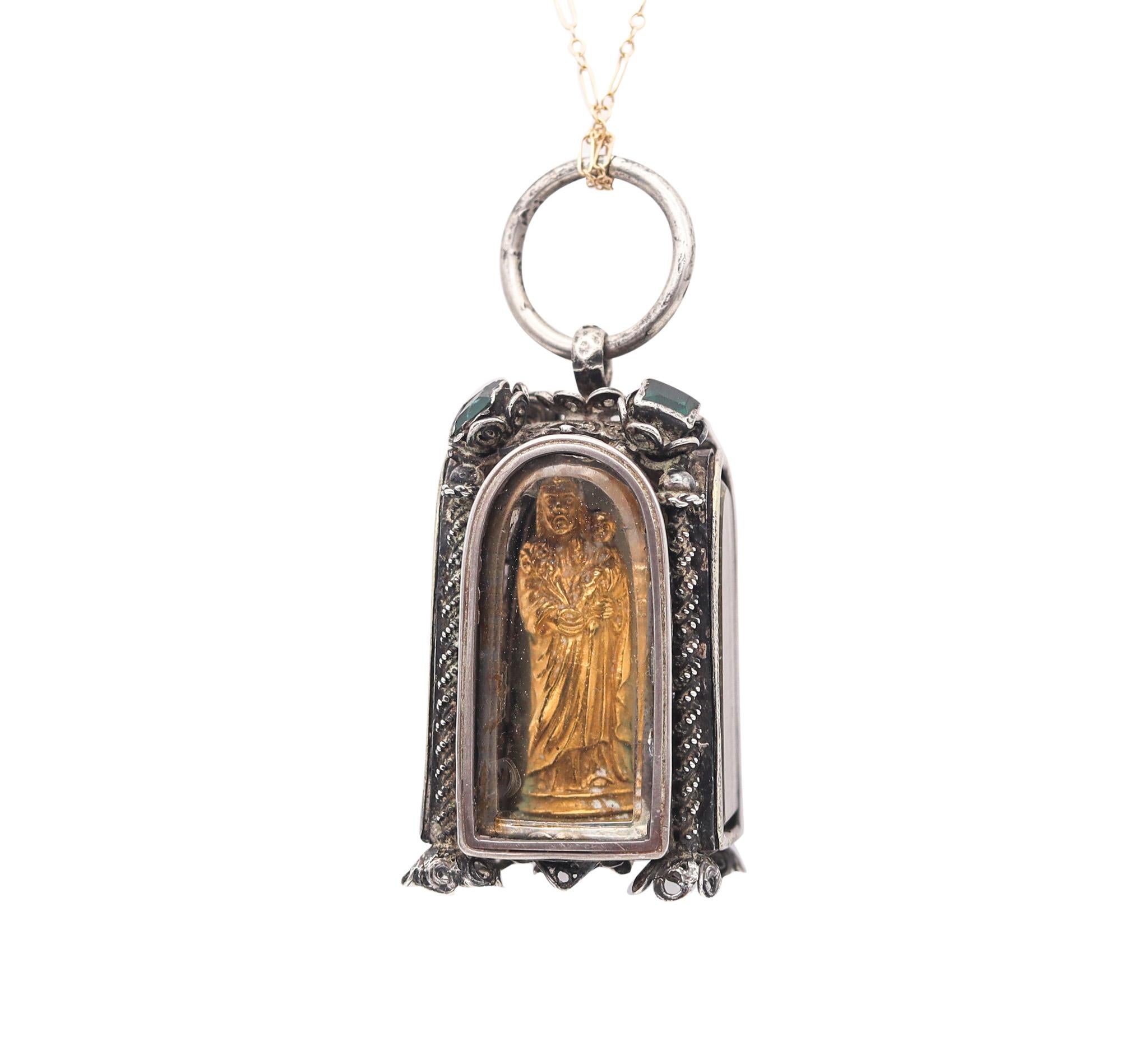 Carved Spanish Colonial 1800 Saint Joseph Filigree Reliquary .900 Silver Gold & Emerald For Sale