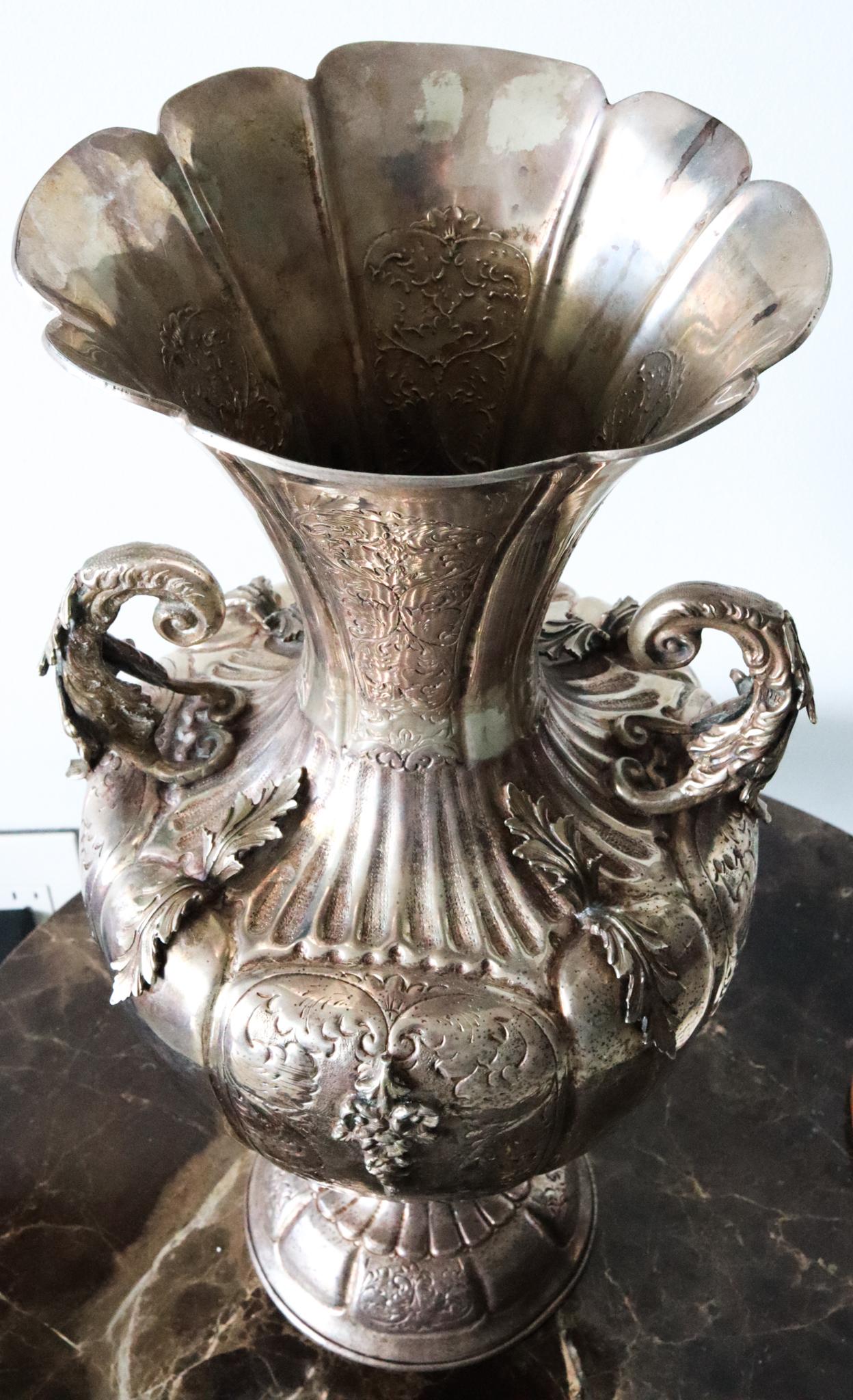 Mexican Spanish Colonial 1820 Rare Large Display Amphora with Handles in Solid Sterling For Sale