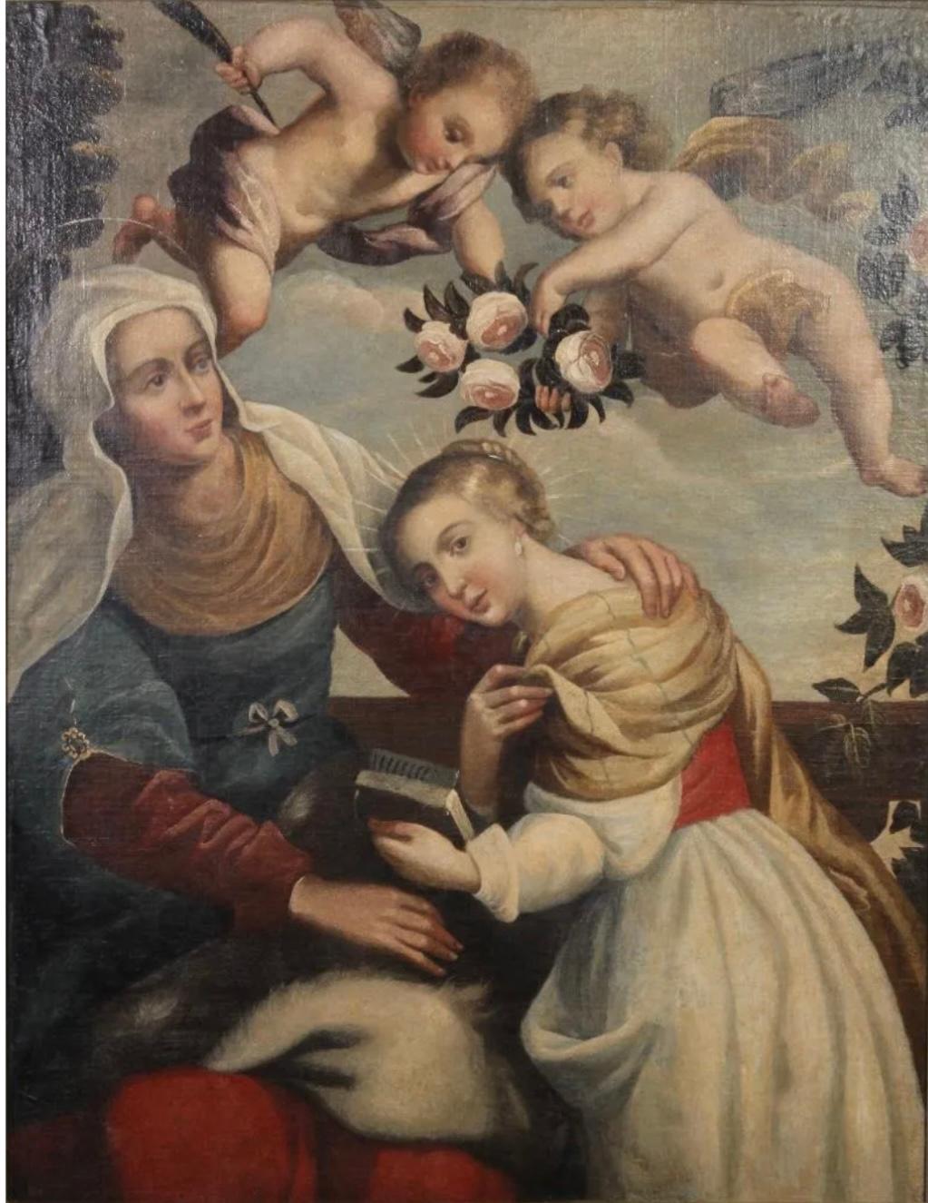 A traditional and characteristic 18th century, Spanish colonial oil on canvas painting
depicting the Virgin Mary holding a book with St. Anne and cherubs holding roses in the characteristic composition depicting the education of the Virgin.