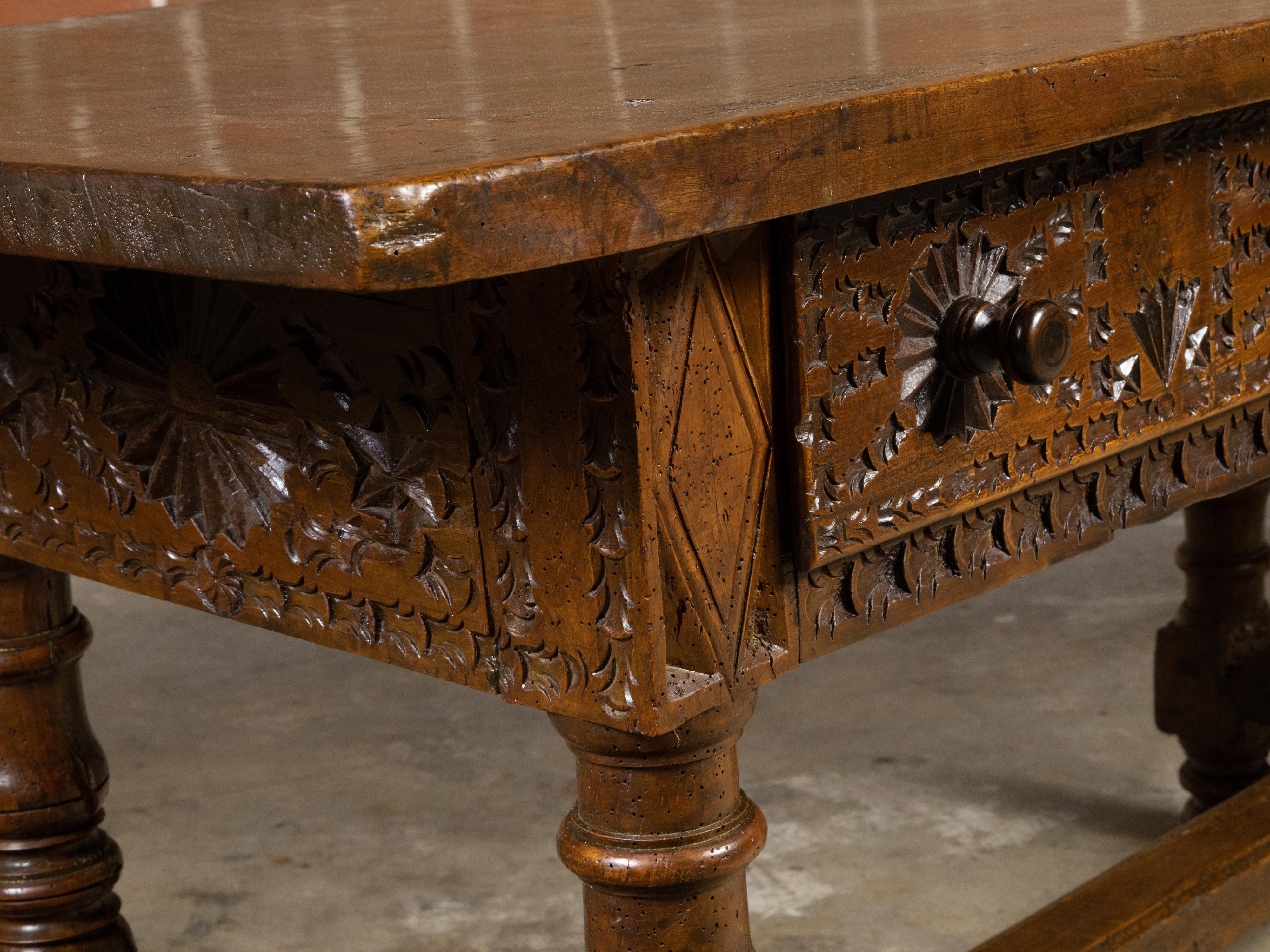 Spanish Colonial 18th Century Walnut Table with Four Richly Carved Drawers For Sale 6