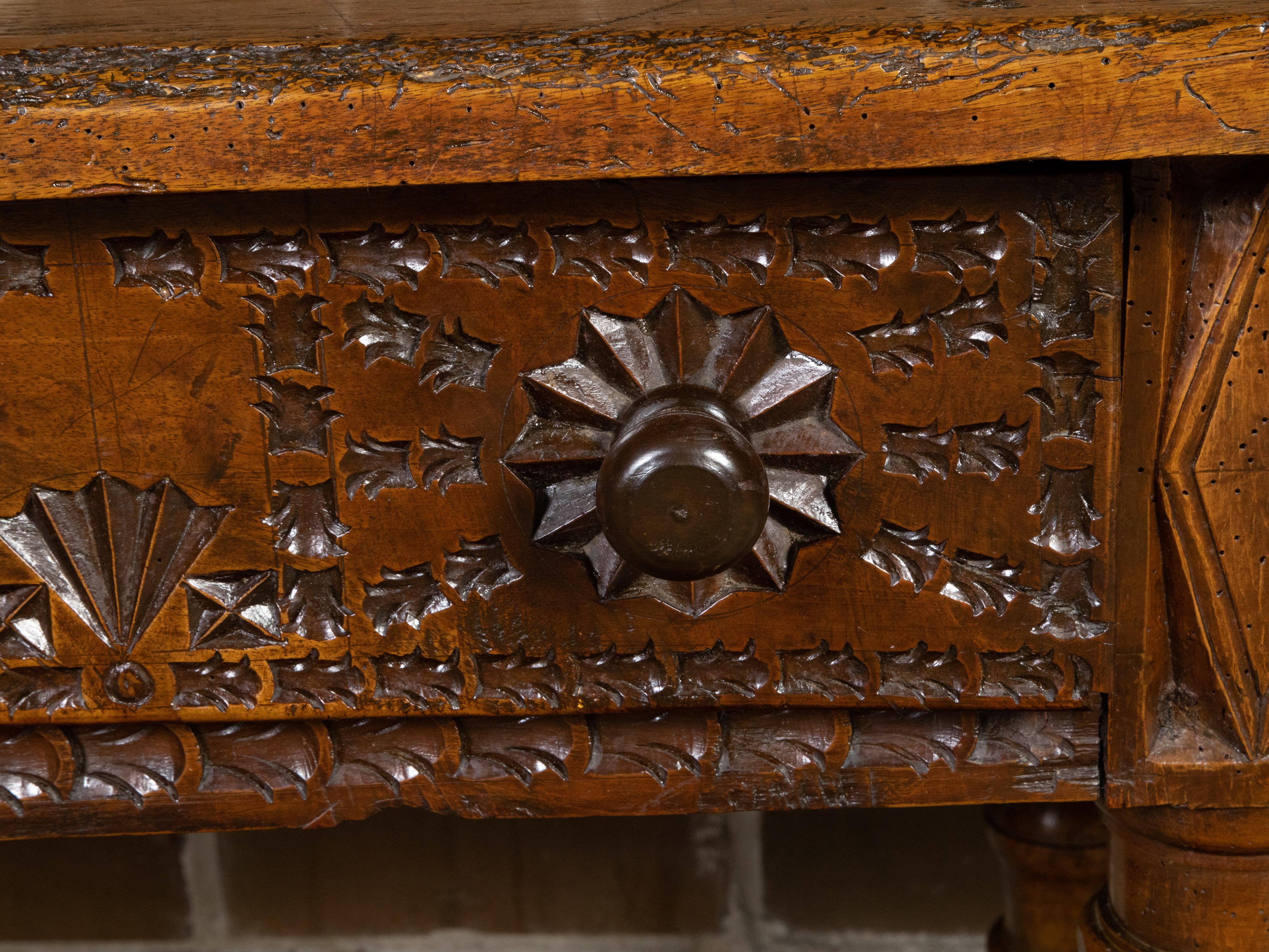 Spanish Colonial 18th Century Walnut Table with Four Richly Carved Drawers For Sale 8