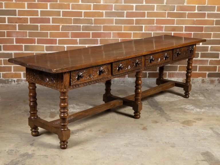 Spanish Colonial 18th Century Walnut Table with Four Richly Carved Drawers In Good Condition For Sale In Atlanta, GA