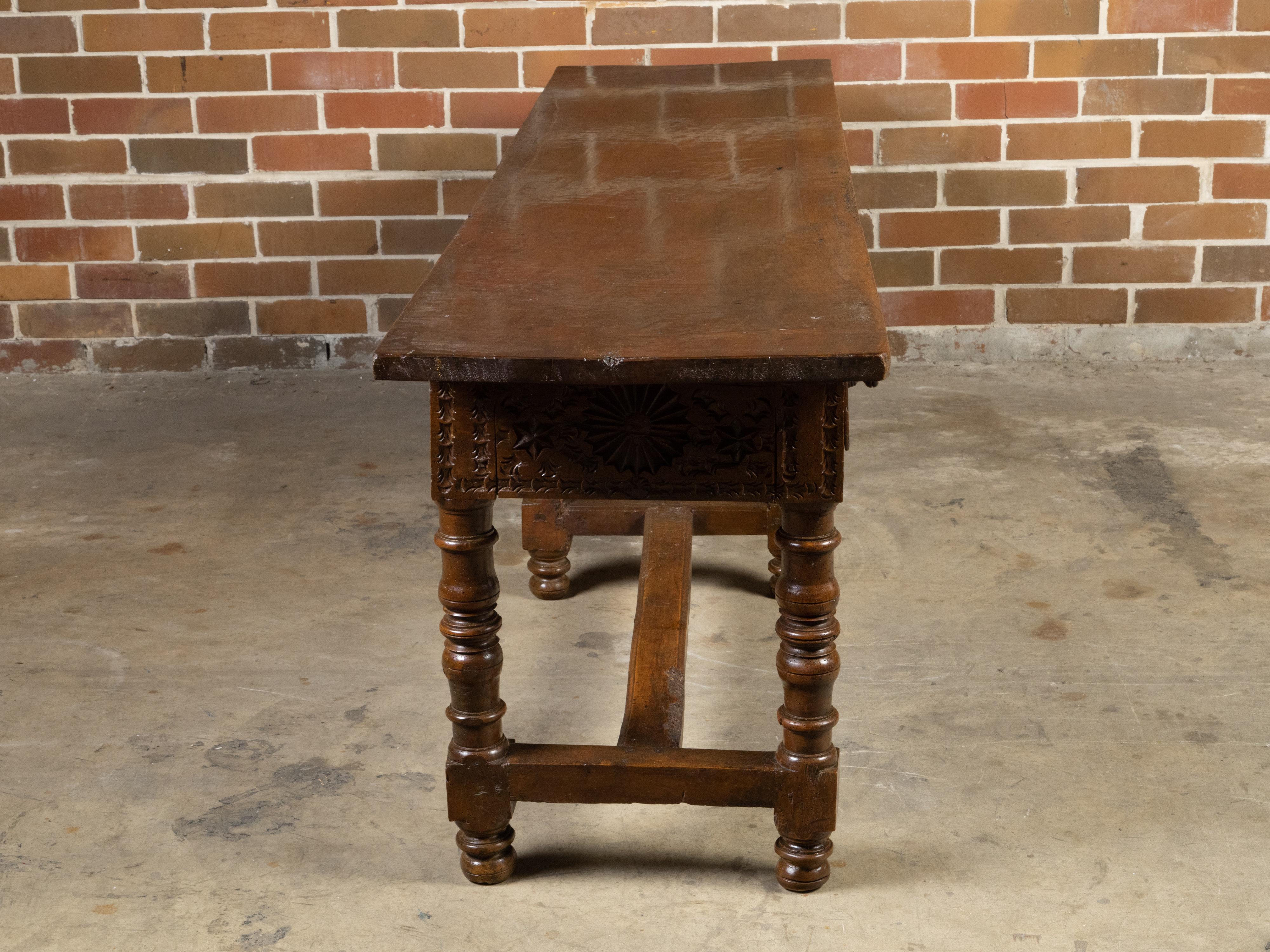 Spanish Colonial 18th Century Walnut Table with Four Richly Carved Drawers For Sale 1